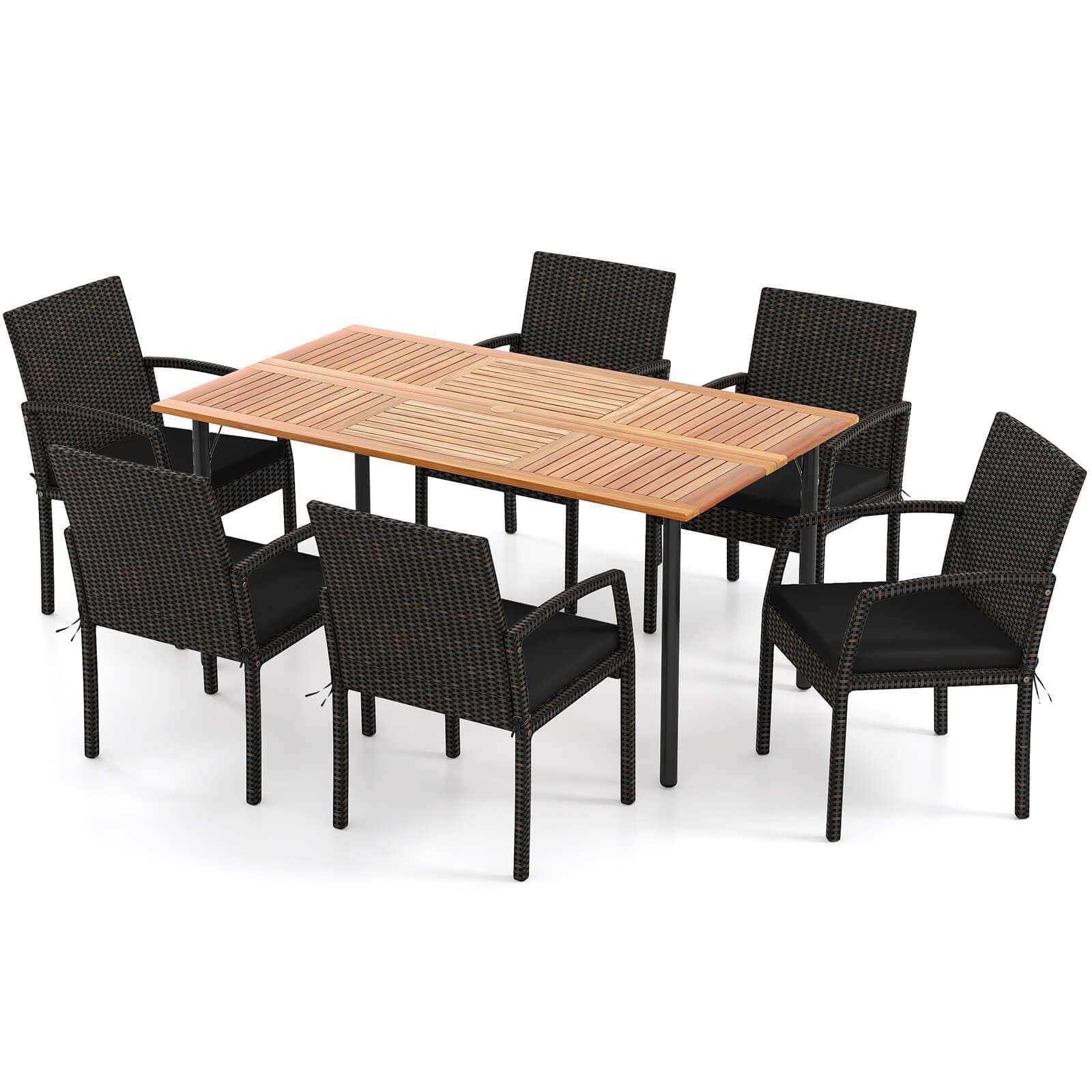 Costway - 7PCS Patio Rattan Dining Chair Table Set with Cushion Umbrella Hole - Black