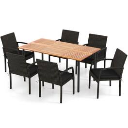 Costway - 7PCS Patio Rattan Dining Chair Table Set with Cushion Umbrella Hole - Black