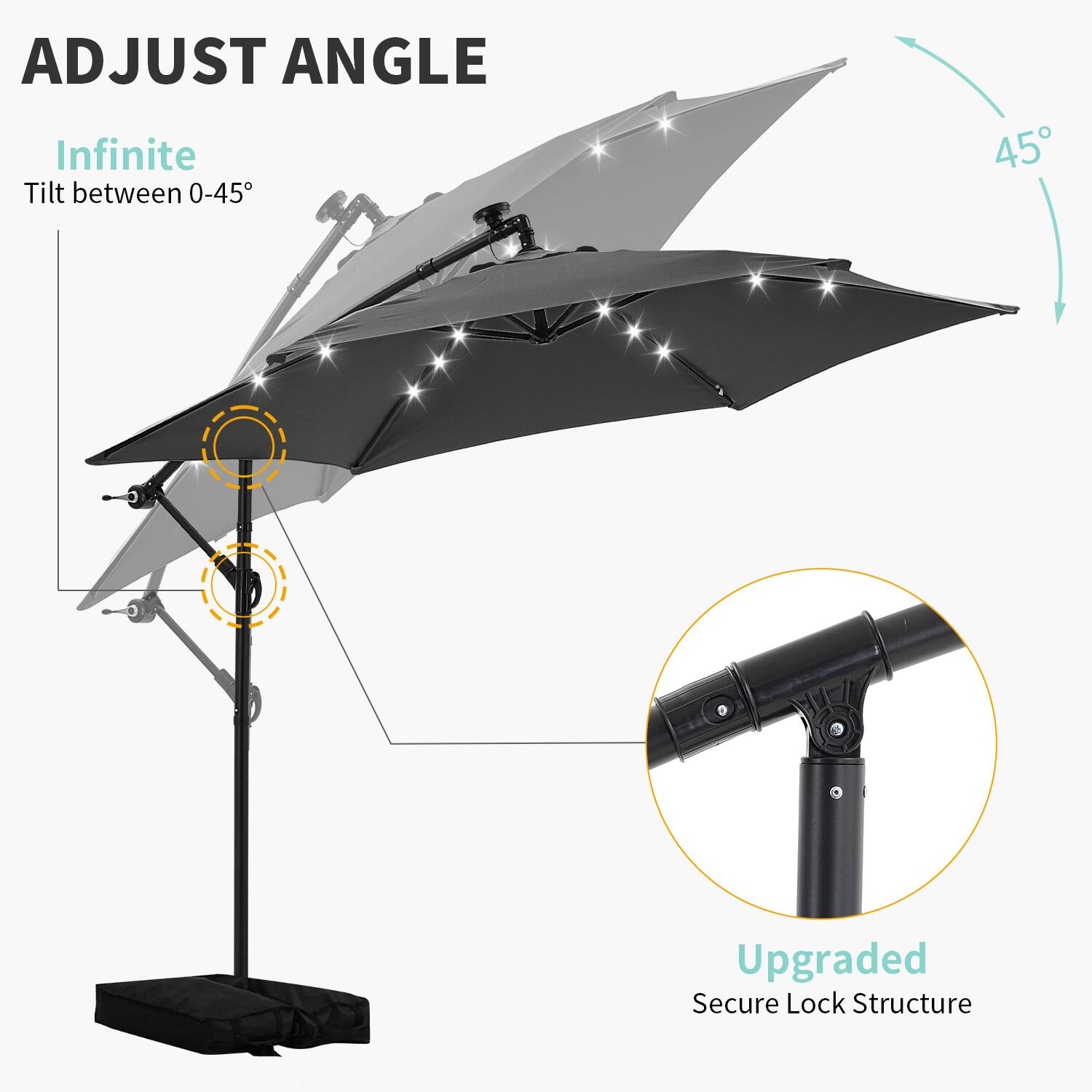 ADJUST ANGLE  
Infinite Tilt between 0-45°  

Upgraded Secure Lock Structure
