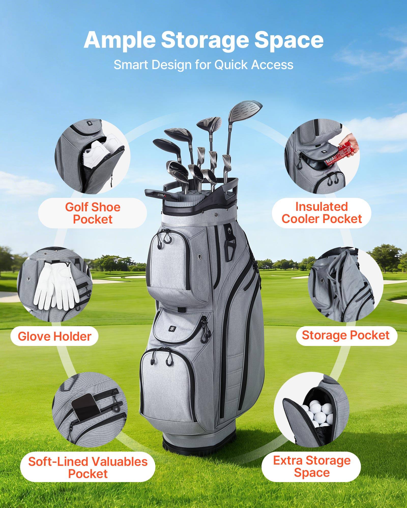 Ample Storage Space  
Smart Design for Quick Access  

- Golf Shoe Pocket  
- Insulated Cooler Pocket  
- Glove Holder  
- Storage Pocket  
- Soft-Lined Valuables Pocket  
- Extra Storage Space