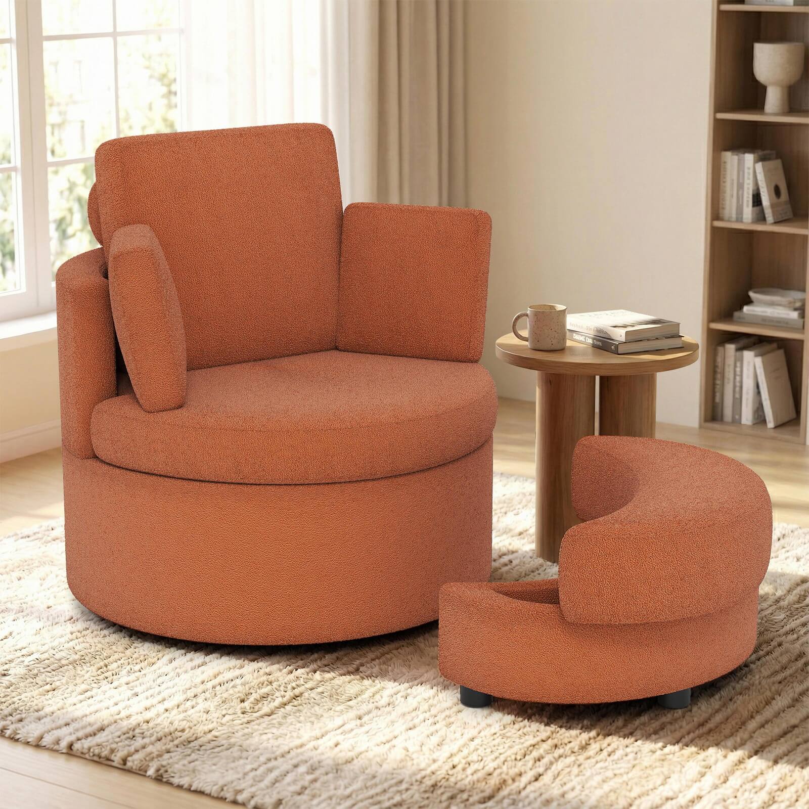 Alt View 3. Costway - Costway 360° Swivel Accent Chair with Half Moon Storage Ottoman 3 Removable Pillows, Office - Terracotta.