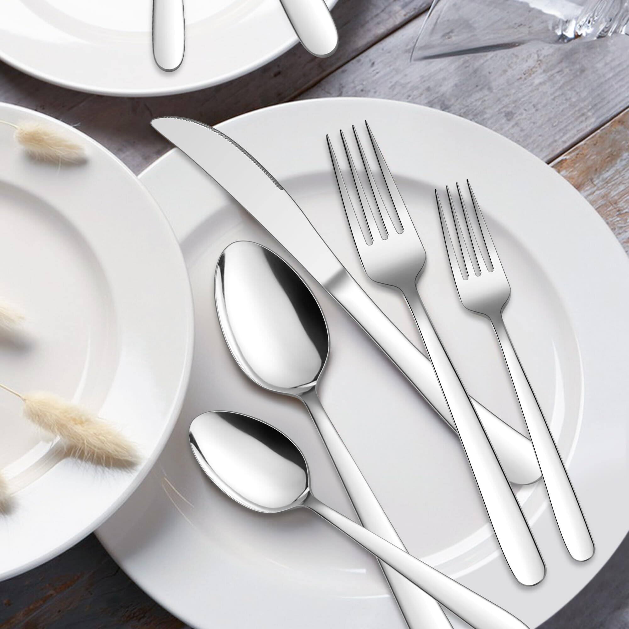 Left. Dazzed Corner - Silverware Set, 40-Piece Stainless Steel Heavy Duty Flatware Cutlery for 8 - Silver.