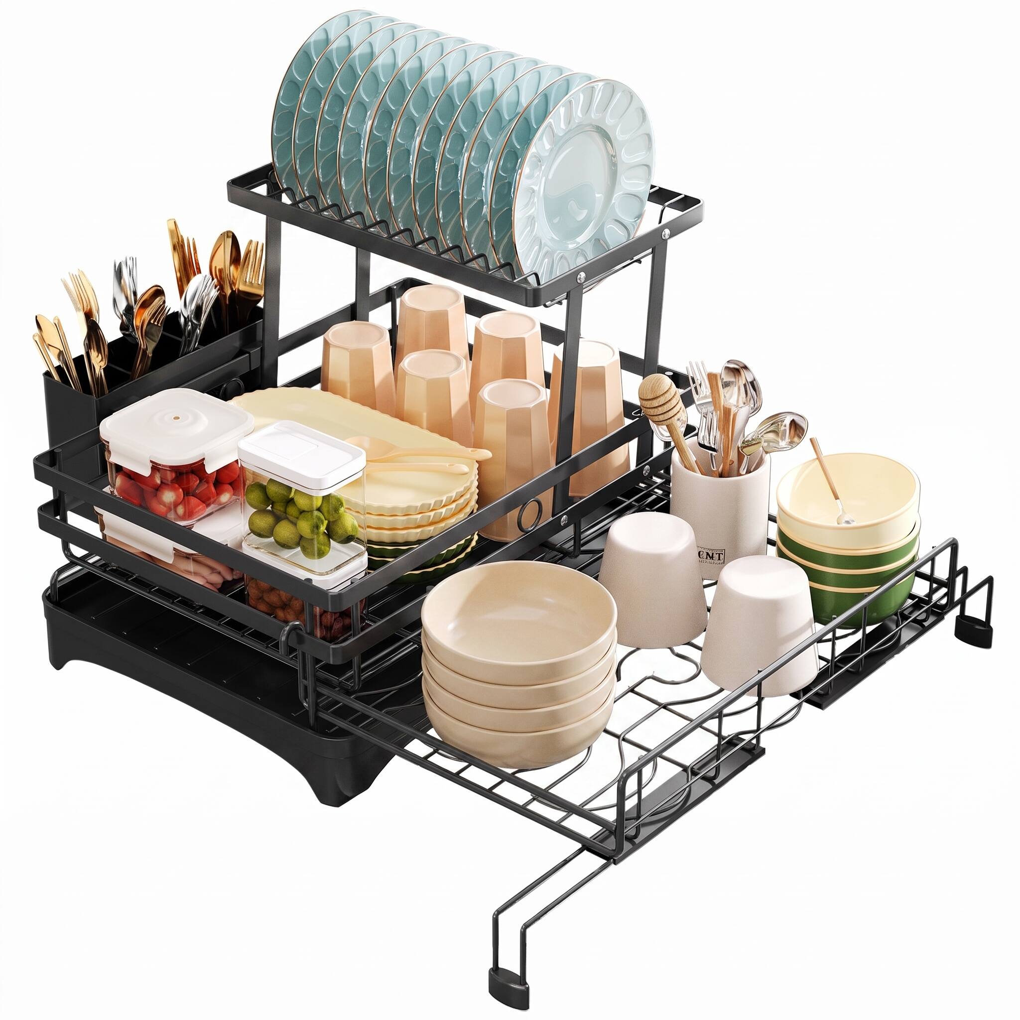 Alt View 2. Malletson - Dish Drying Rack,Extendable Dish Rack with Cutlery Holder, Anti-Rust Black Dish Racks for Kitchen Counter - Black.
