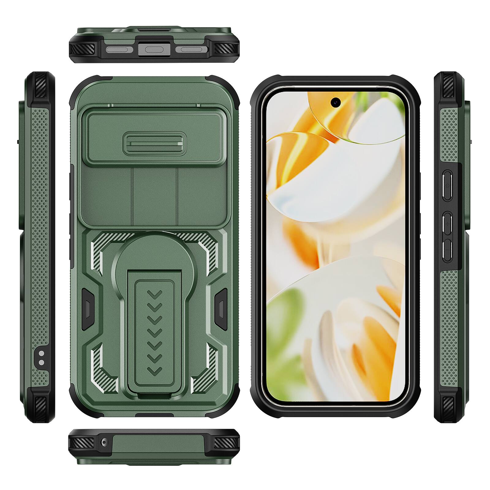 Alt View 4. Dteck - Rugged Stand Case for Google Pixel 10 / 10 Pro/Pixel 9 / 9 Pro,Heavy Duty Cover With Sliding Lens Cover+Tempered Glass - Green.