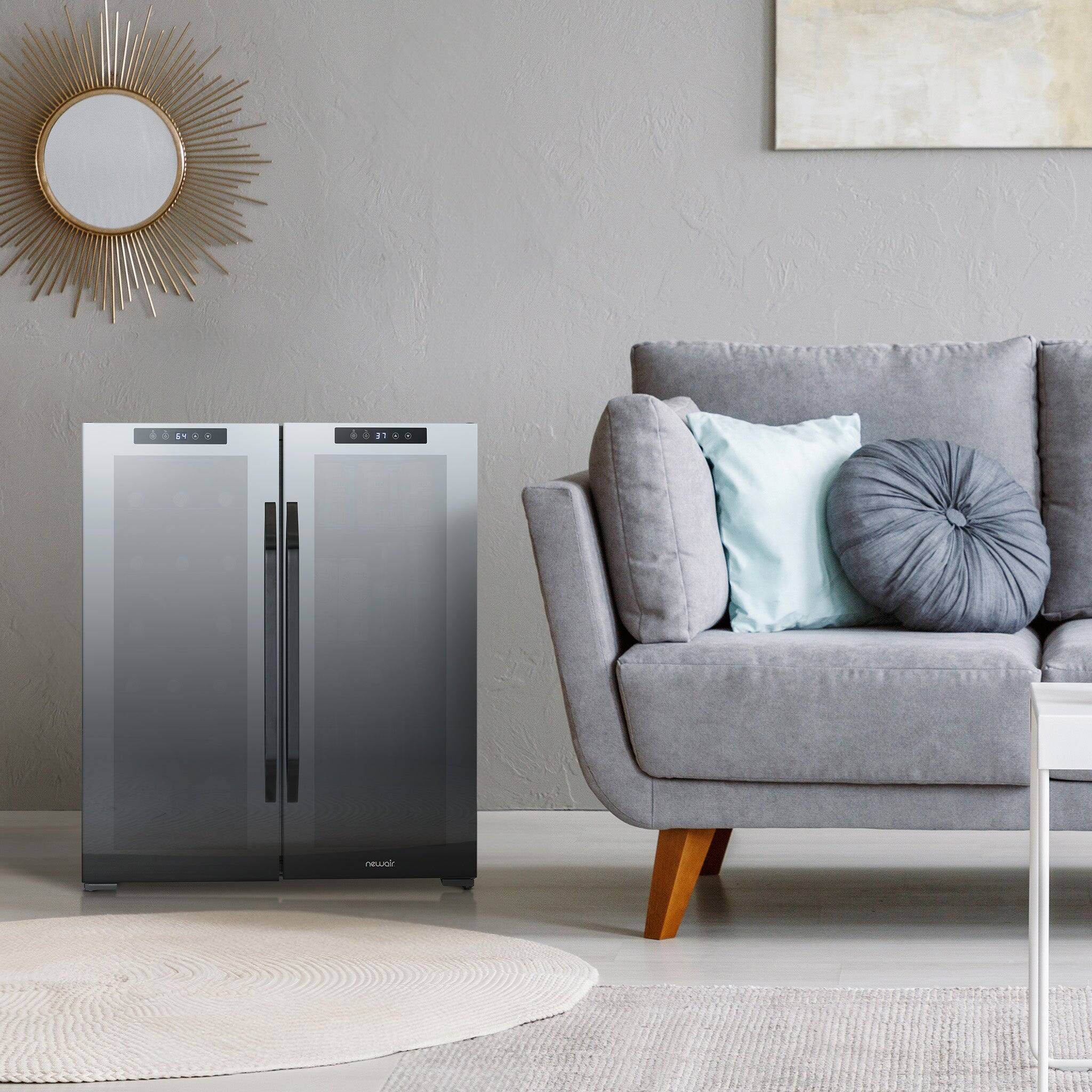 Alt View 7. NewAir - Shadow Series Wine Cooler 18 Bottles & 59 Cans Dual Temperature Zones, Mirrored with Double-Layer Tempered Glass Door - Black Mirrored.