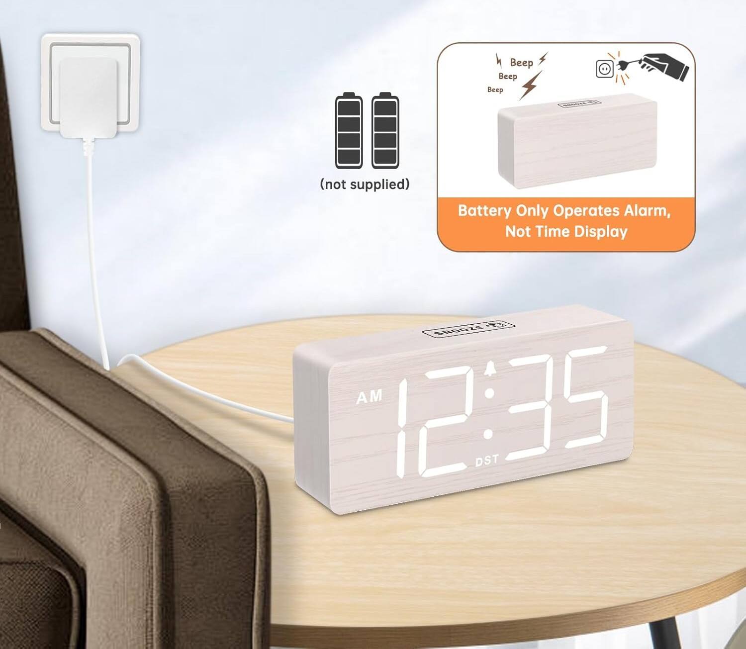 Beep Beep eep (not supplied)  
Battery Only Operates Alarm, Not Time Display  
5R5SZE  
AM 12:35 DST