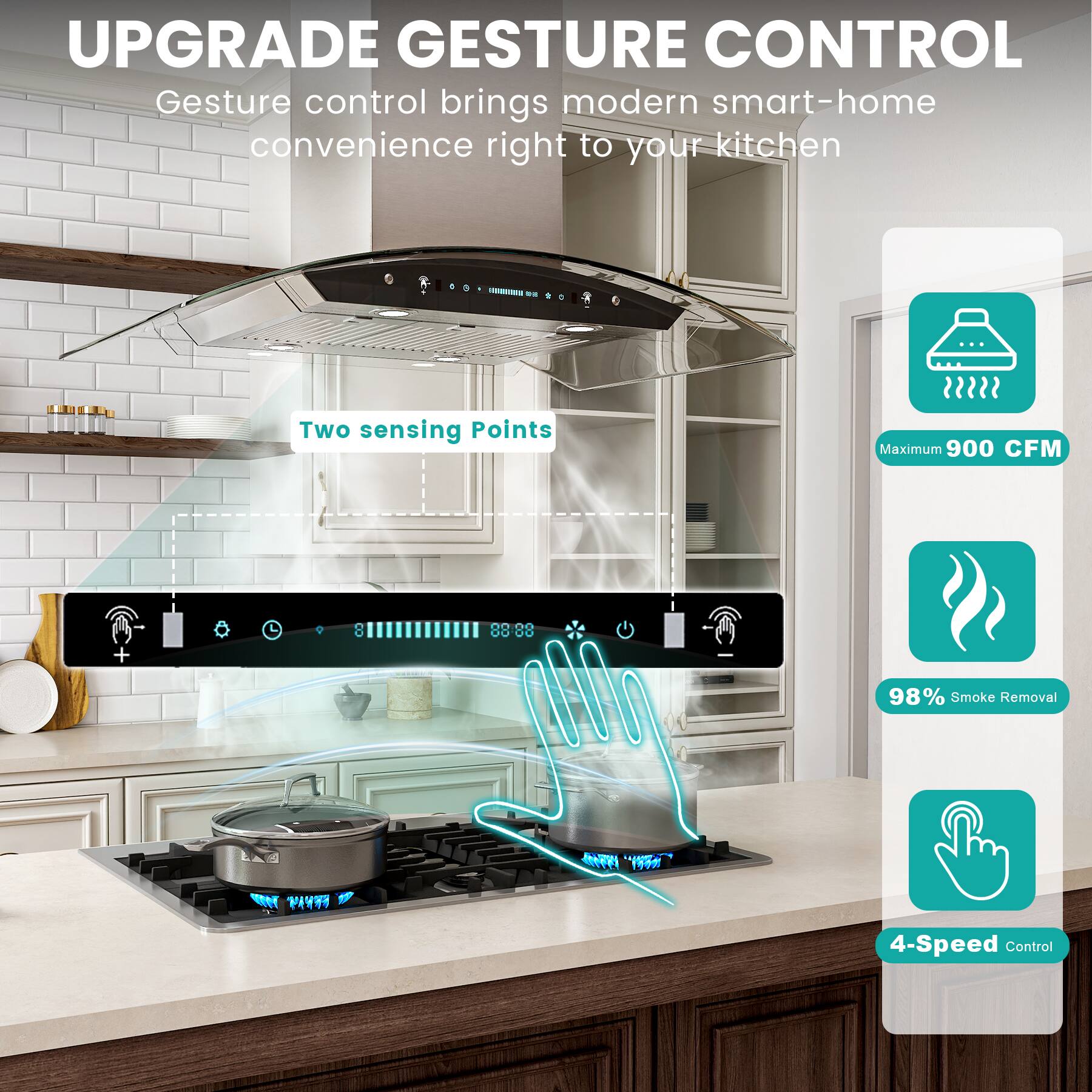 UPGRADE GESTURE CONTROL

Gesture control brings modern smart-home convenience right to your kitchen

- Two sensing Points
- Maximum 900 CFM
- 98% Smoke Removal
- 4-Speed Control