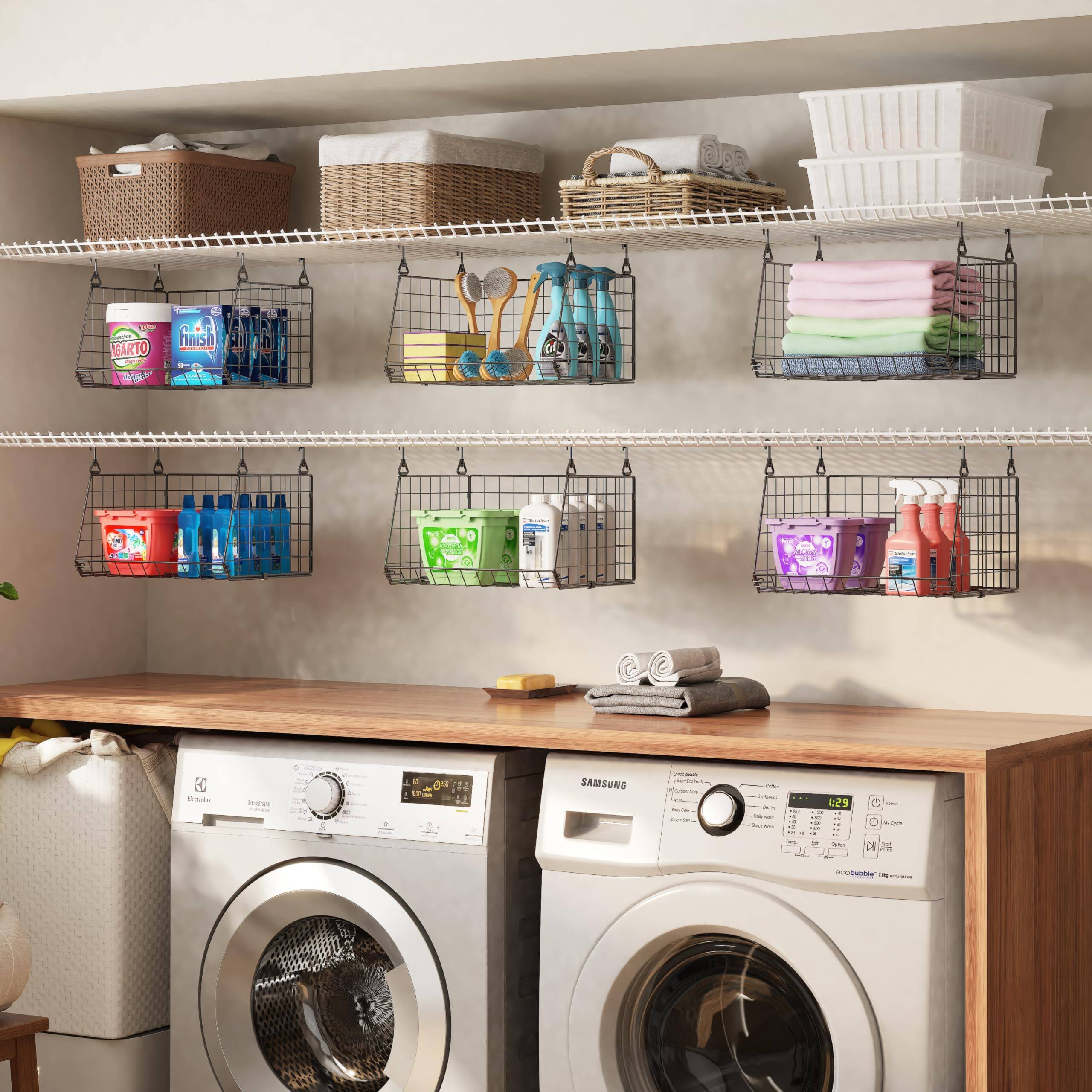 Sure, here is the corrected and grouped text from the image:

**Top Shelf:**
- (No visible text)

**Second Shelf:**
- (No visible text)

**Third Shelf:**
- VIGARO
- Finish
- (No visible text)

**Fourth Shelf:**
- (No visible text)

**Fifth Shelf:**
- (No visible text)

**Washing Machine (Left):**
- SAMSUNG
- (No visible text)

**Washing Machine (Right):**
- SAMSUNG
- (No visible text)

**Additional Text:**
- 1:25
- CE
- 2s
- (No visible text)

**Bottom Shelf:**
- (No visible text)

This text is extracted from the labels and controls visible in the image.