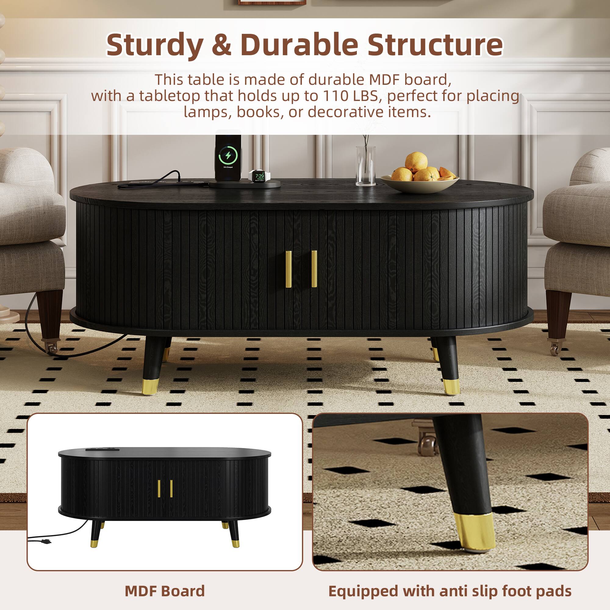 Sturdy & Durable Structure

This table is made of durable MDF board, with a tabletop that holds up to 110 LBS, perfect for placing lamps, books, or decorative items.

MDF Board

Equipped with anti slip foot pads