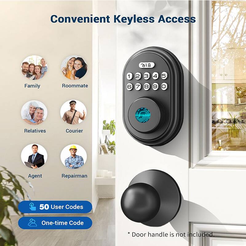Convenient Keyless Access

1 2 3 4 5  
6 7 8 9 0

Family  
Roommate  
Relatives  
Courier  
Agent  
Repairman  

50 User Codes  
One-time Code  

* Door handle is not included.