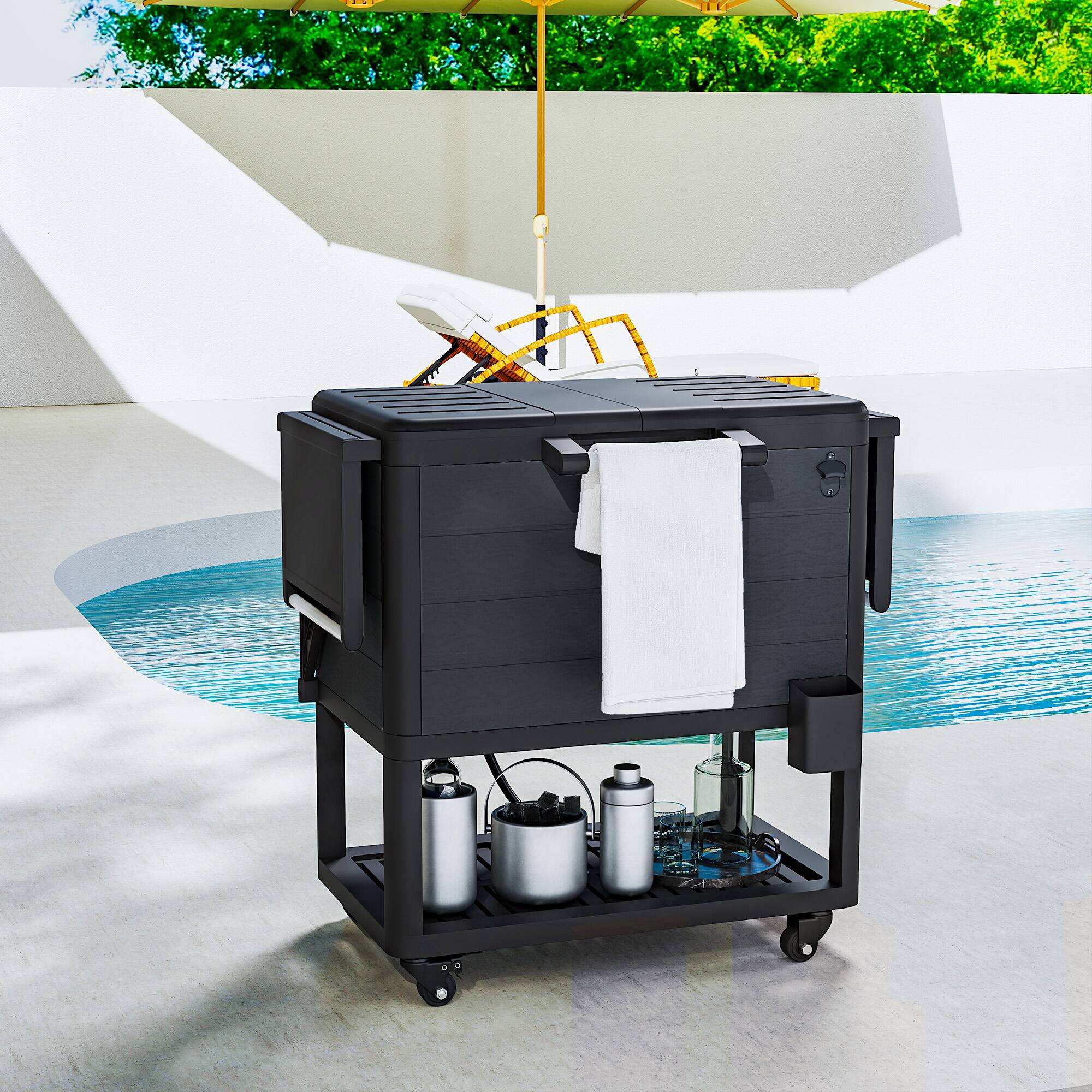 Alt View 8. Outsunny - Patio Cooler with Wheels, 104 Quart Large Capacity Rolling Ice Chest with Bottle Opener and Shelves - Black.