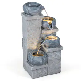 Gymax - 4-Tier Water Fountain 23'' Cascading Bowl Waterfall Fountain w/LED Lights & Pump - Gray