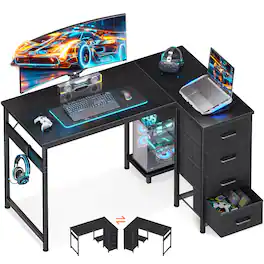 AODK - Reversible L Shaped Desk with 4 Fabric Drawers, Corner Computer Table with CPU Stand & Hook for Home Office - Black