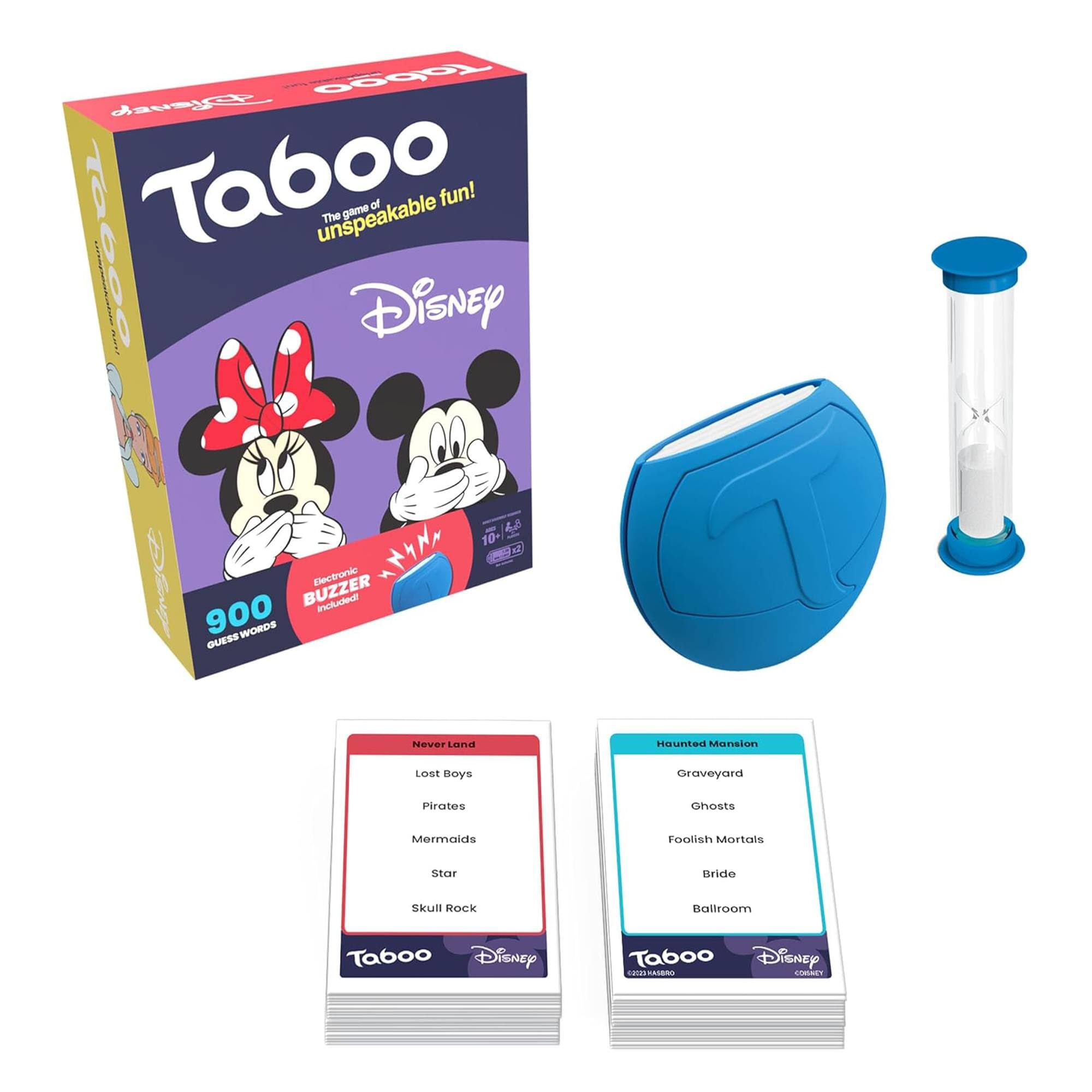 Taboo: The game of unspeakable fun!  
Disney  
Electronic BUZZER Included  
900 GUESS WORDS  

Never Land  
- Lost Boys  
- Pirates  
- Mermaids  
- Star  
- Skull Rock  

Haunted Mansion  
- Graveyard  
- Ghosts  
- Foolish Mortals  
- Bride  
- Ballroom