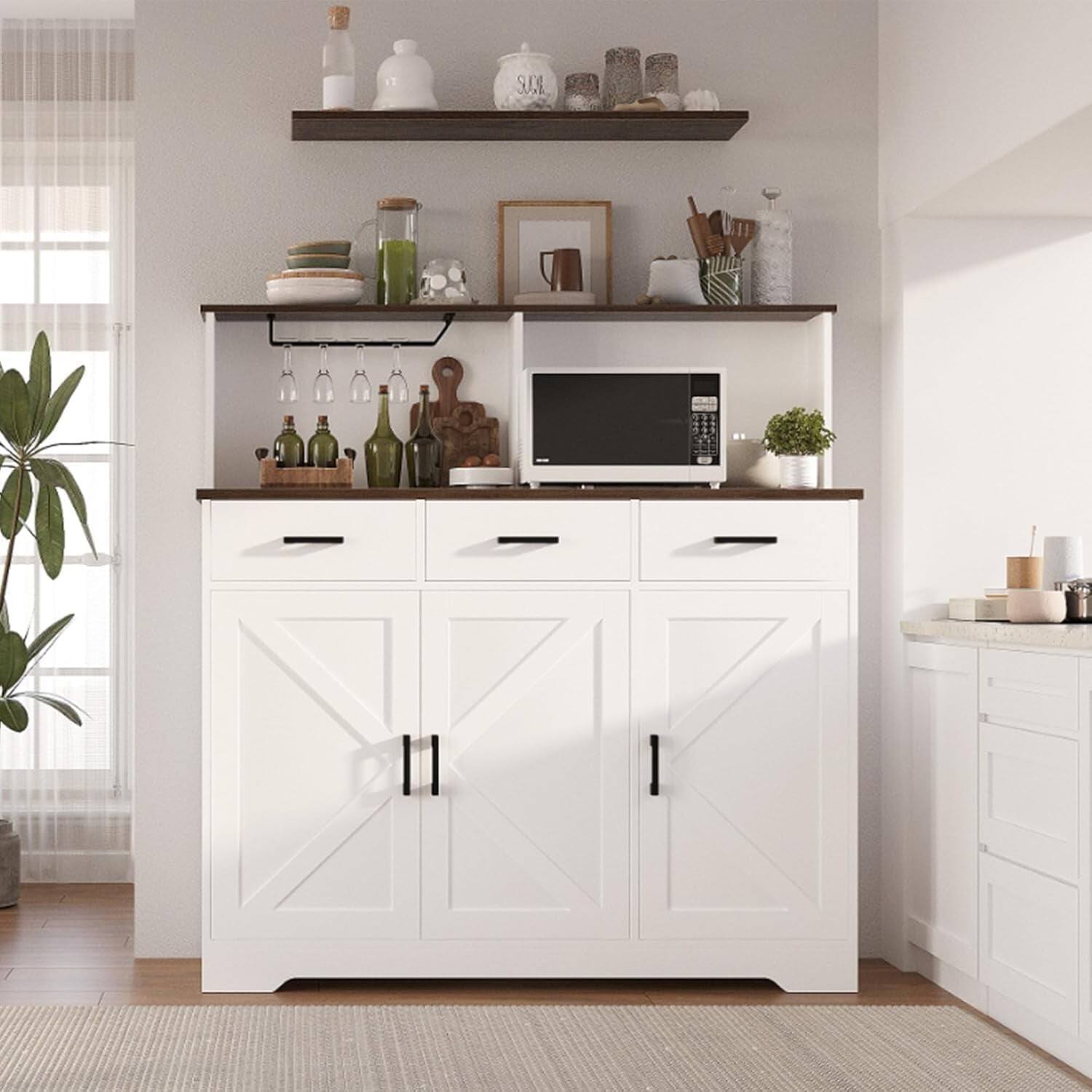 Angle. Qeetex - White Microwave Cabinet with 3 Drawers, Modern Kitchen Storage Stand with Doors - White.