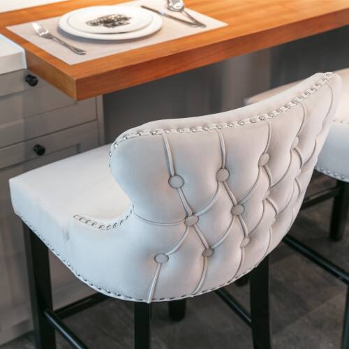 Alt View 5. LUCKY ONE - Assembled Wing-Back Velvet Bar Stool Set of 2 Button Tufted Wood Legs Chrome Nailhead Trim - Beige.