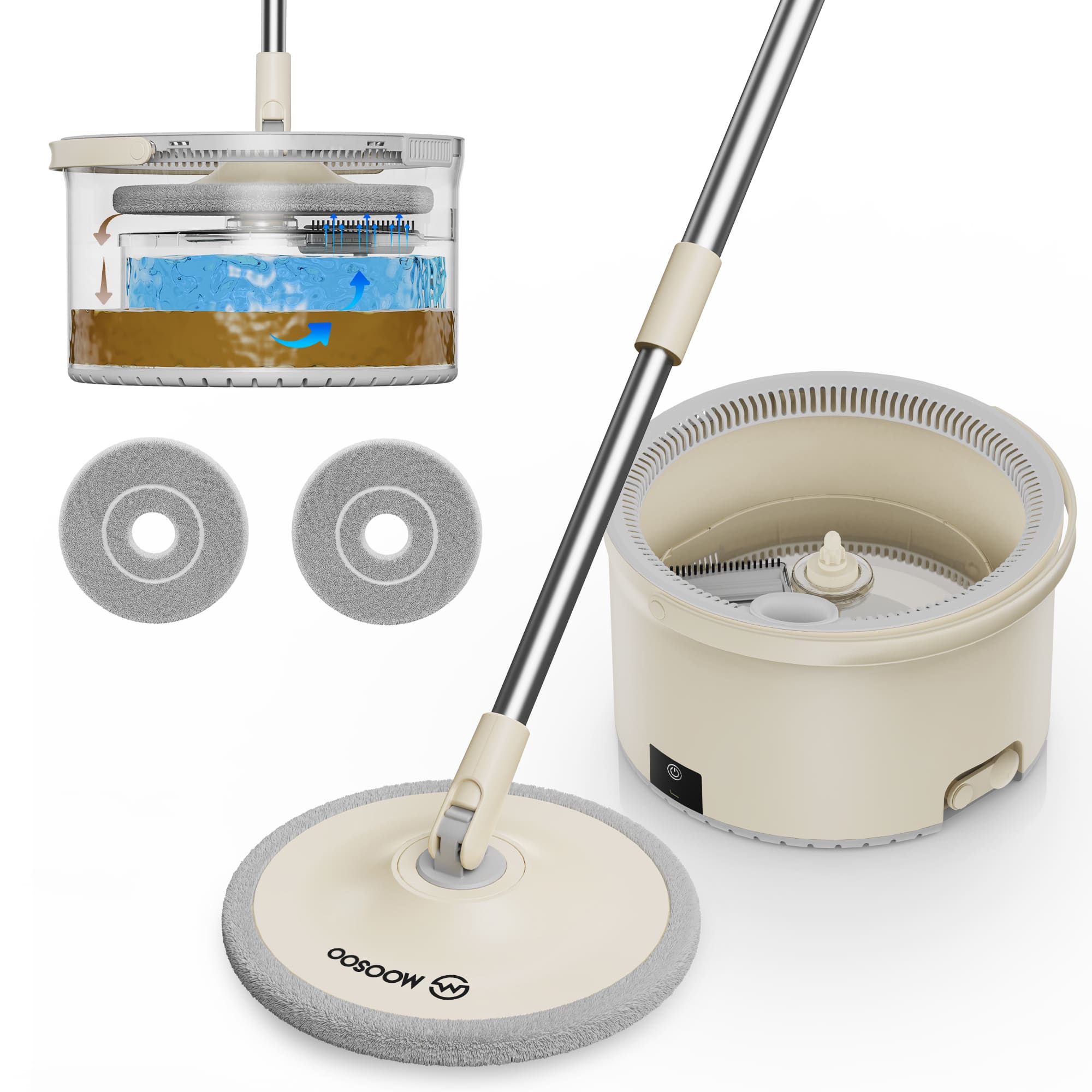 MOOSOO - Electric Spin Mop and Bucket Set with One-Click Auto Clean and Dry, 360° Rotation, Adjustable Handle - White