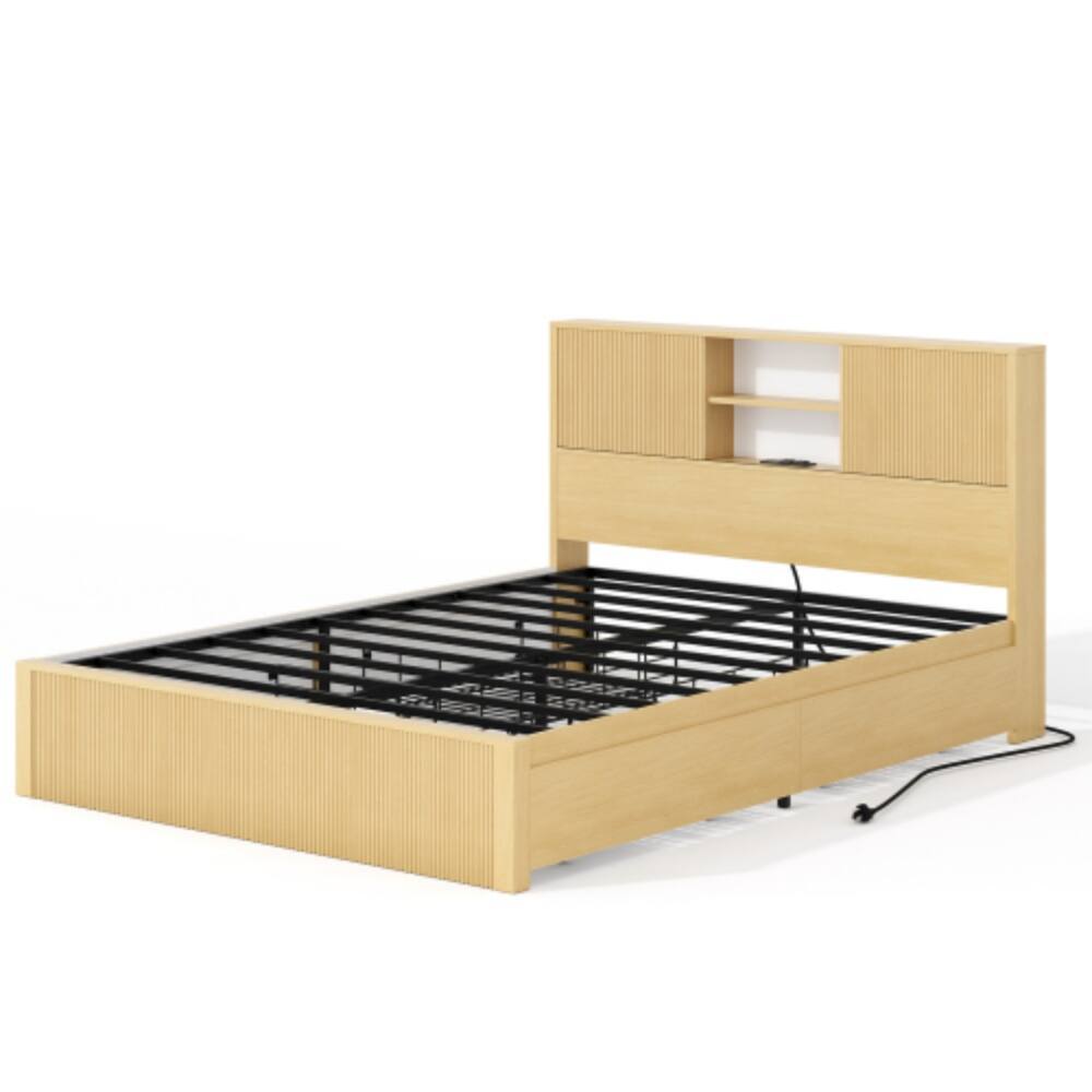 Alt View 2. LUCKY ONE - Queen Size Bed Frame with 4 Storage Drawers, 2-Tier Storage Headboard, USB Charging, Metal Slats, No Box Spring Needed - Oak.