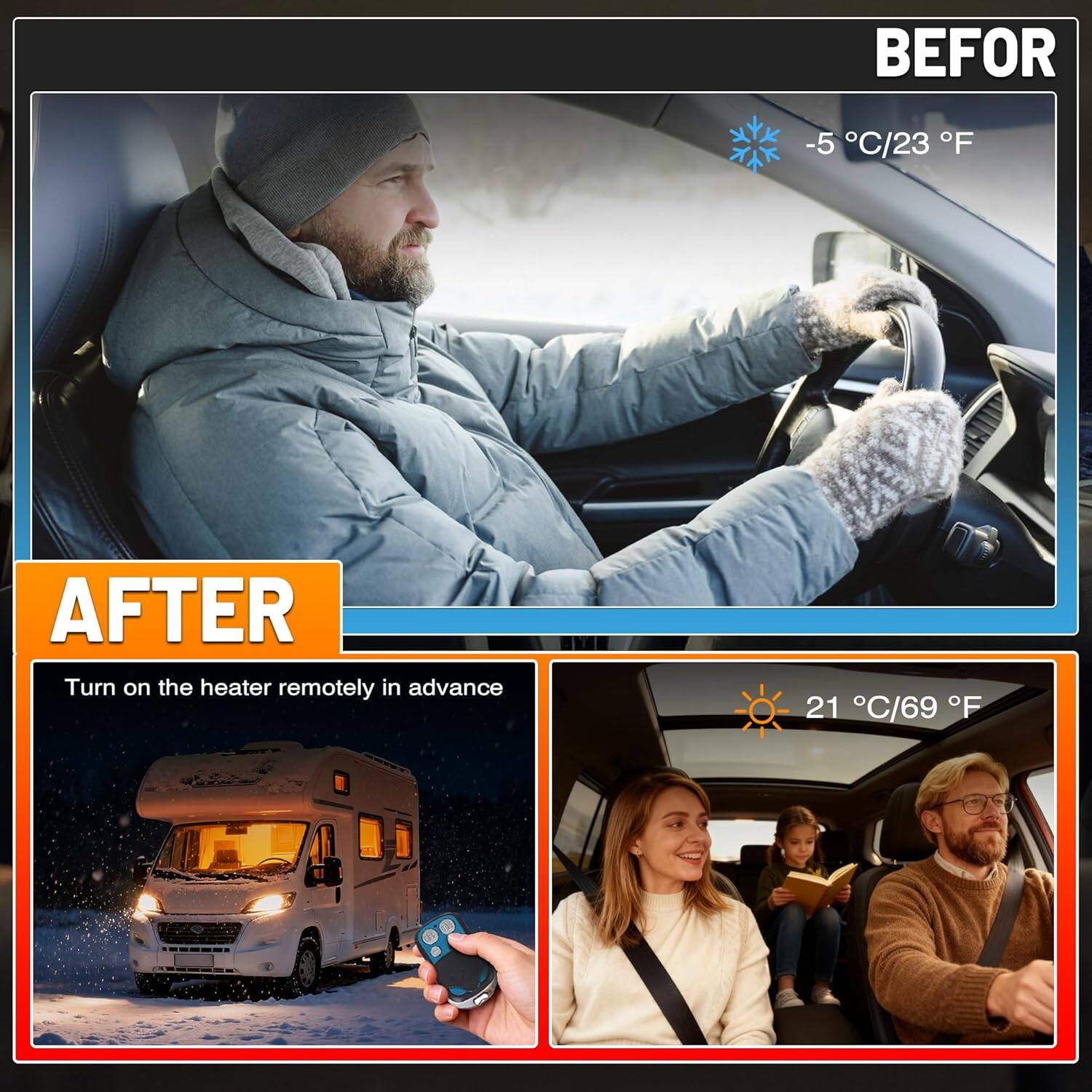 BEFORE  
-5°C/23°F  

AFTER  
Turn on the heater remotely in advance  
21°C/69°F