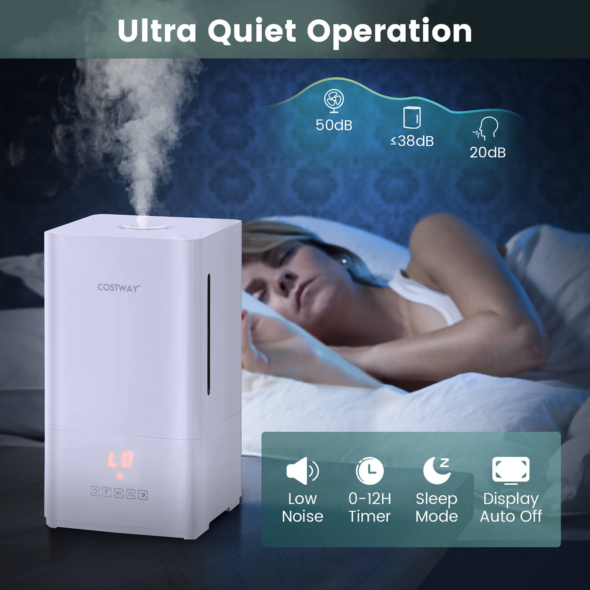 Ultra Quiet Operation: 50 dB < 38 dB 20 dB
Costway: Low Noise
Low Noise: 0-12H Sleep Display Timer Mode Auto Off