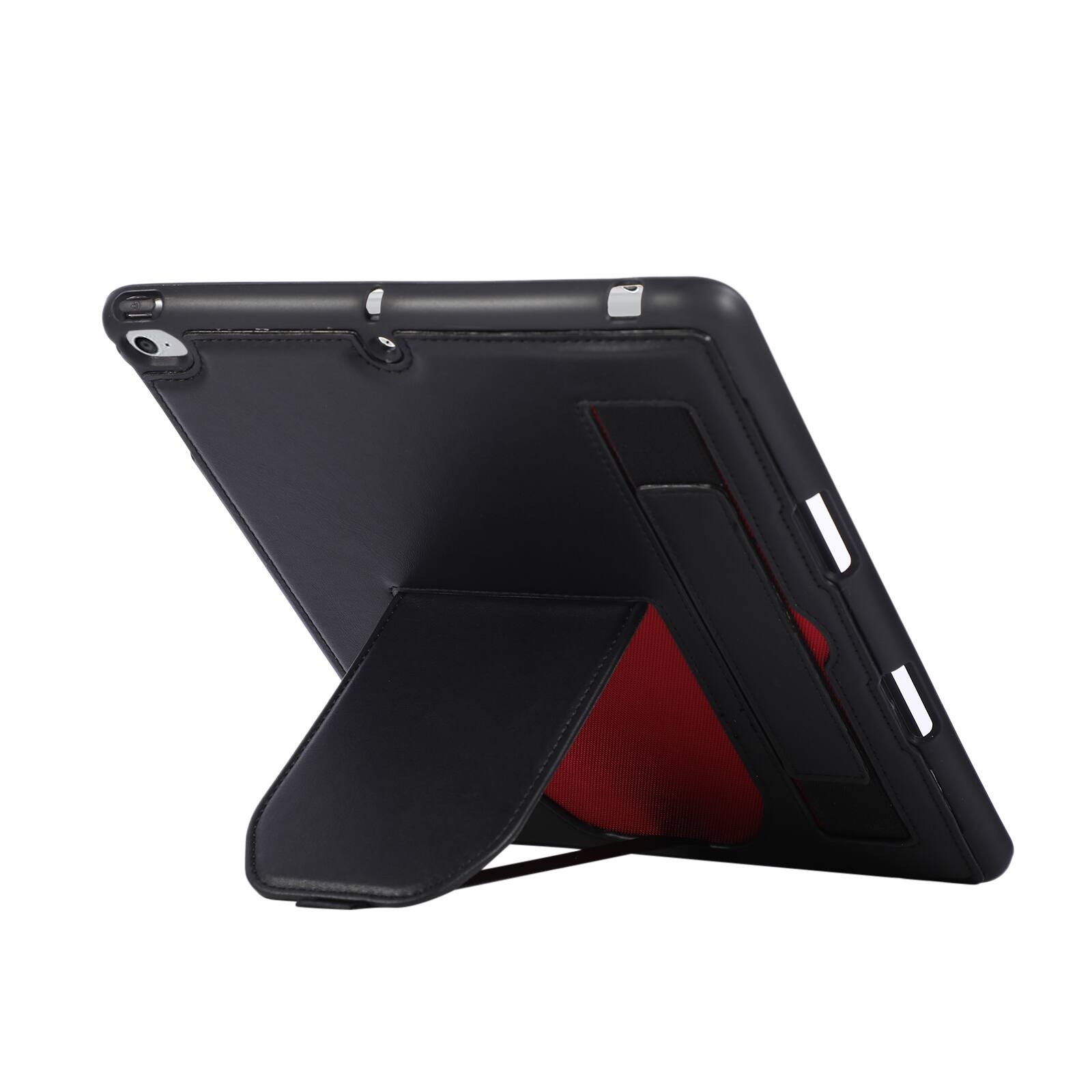 Angle. Dteck - Shockproof Case for Apple iPad (6th Generation) 9.7" 2018 with Hand Strap and Kickstand, PU Leather TPU Protective Cover - Black.