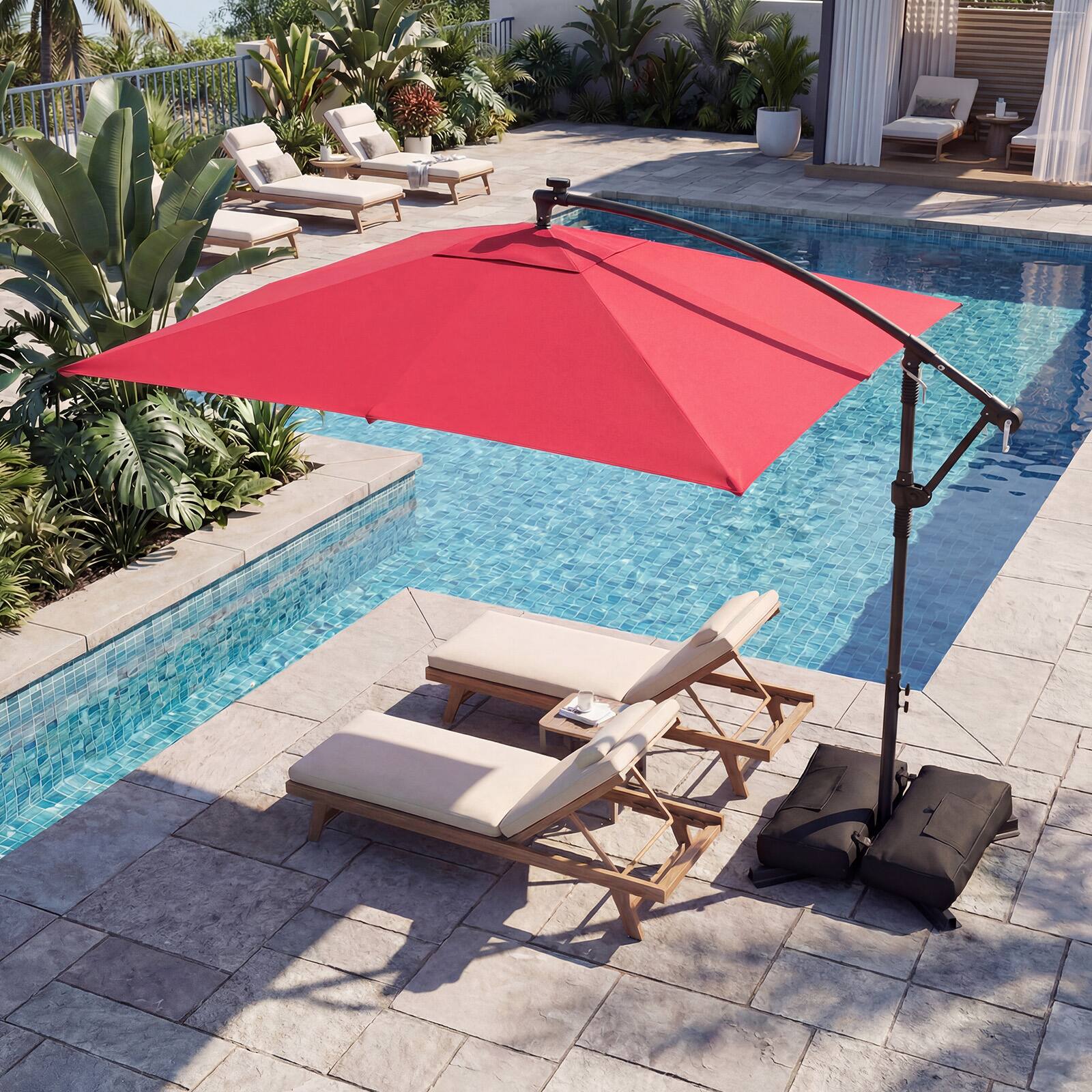 Alt View 4. Costway - Costway 8 x 8 FT Solar LED Offset Cantilever Patio Umbrella with 360° Rotation, Crank - Red.