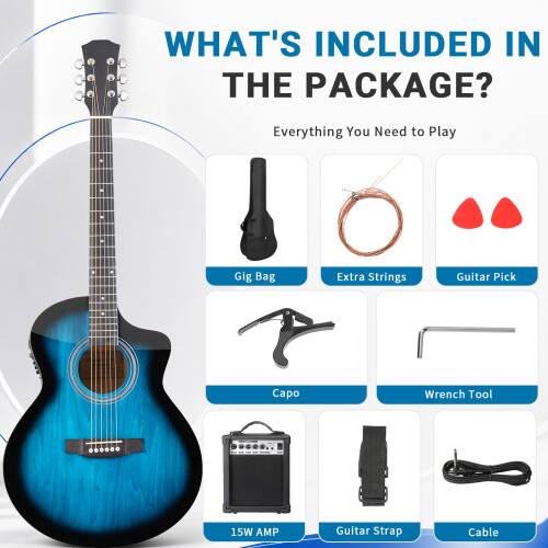 WHAT'S INCLUDED IN THE PACKAGE?
Everything You Need to Play
Gig Bag
Extra Strings
Guitar Pick
Capo
Wrench Tool
15W AMP
Guitar Strap
Cable