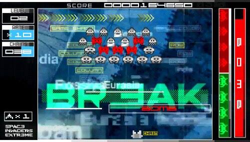 Sure, here is the corrected and grouped text from the image:

**Top Section:**
- SCORE: 0000164650
- LEVEL: 02
- RATE: 10
- CHAINS: 038

**Middle Section:**
- GAME SHAPE
- COW
- dia
- BR-SAK
- Eurasia
- BOME
- SPAC3 INVADERS EXTREME

**Bottom Section:**
- BR-SAK
- Eurasia
- BOME

**Right Section:**
- 3

**Additional Text:**
- CHAIN
- SPACE INVADERS EXTREME