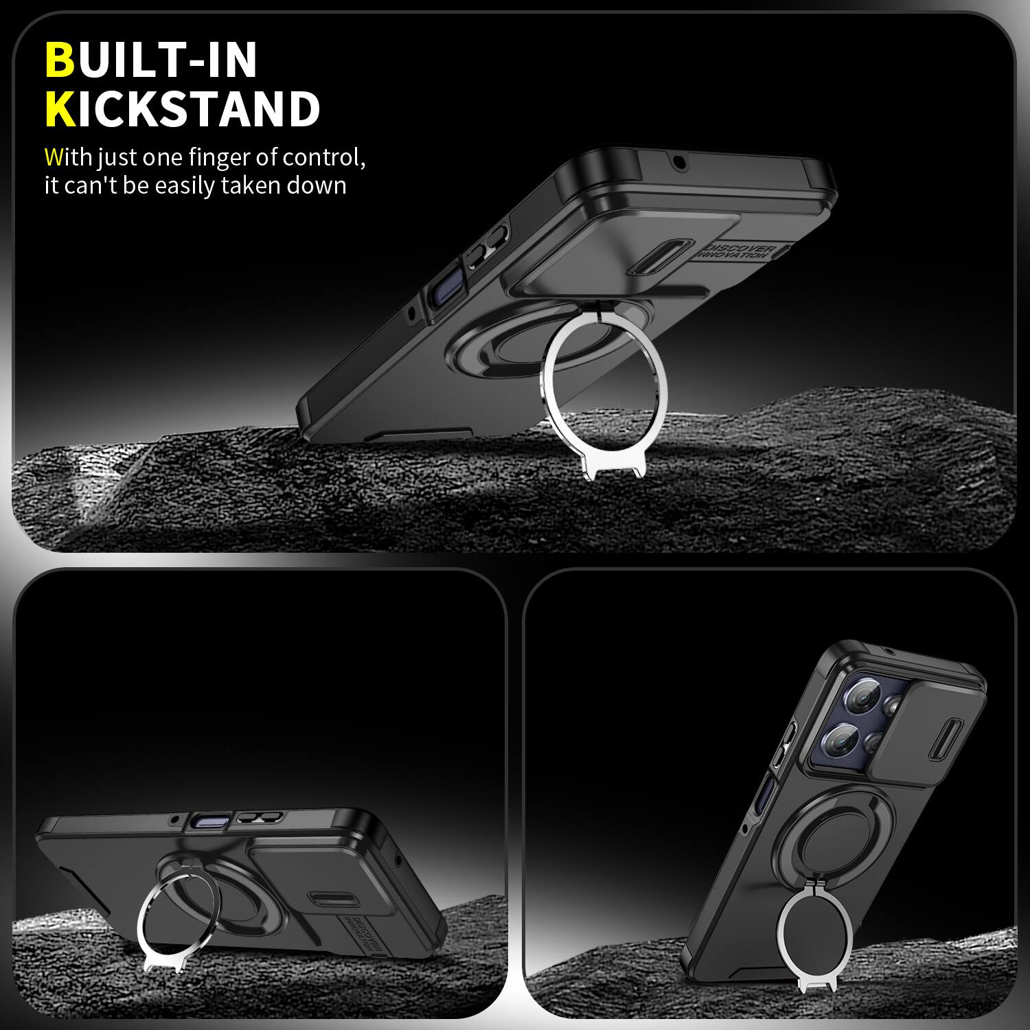 BUILT-IN KICKSTAND  
With just one finger of control, it can't be easily taken down  

DISCOVER INNOVATION  
HIRRYER YEA