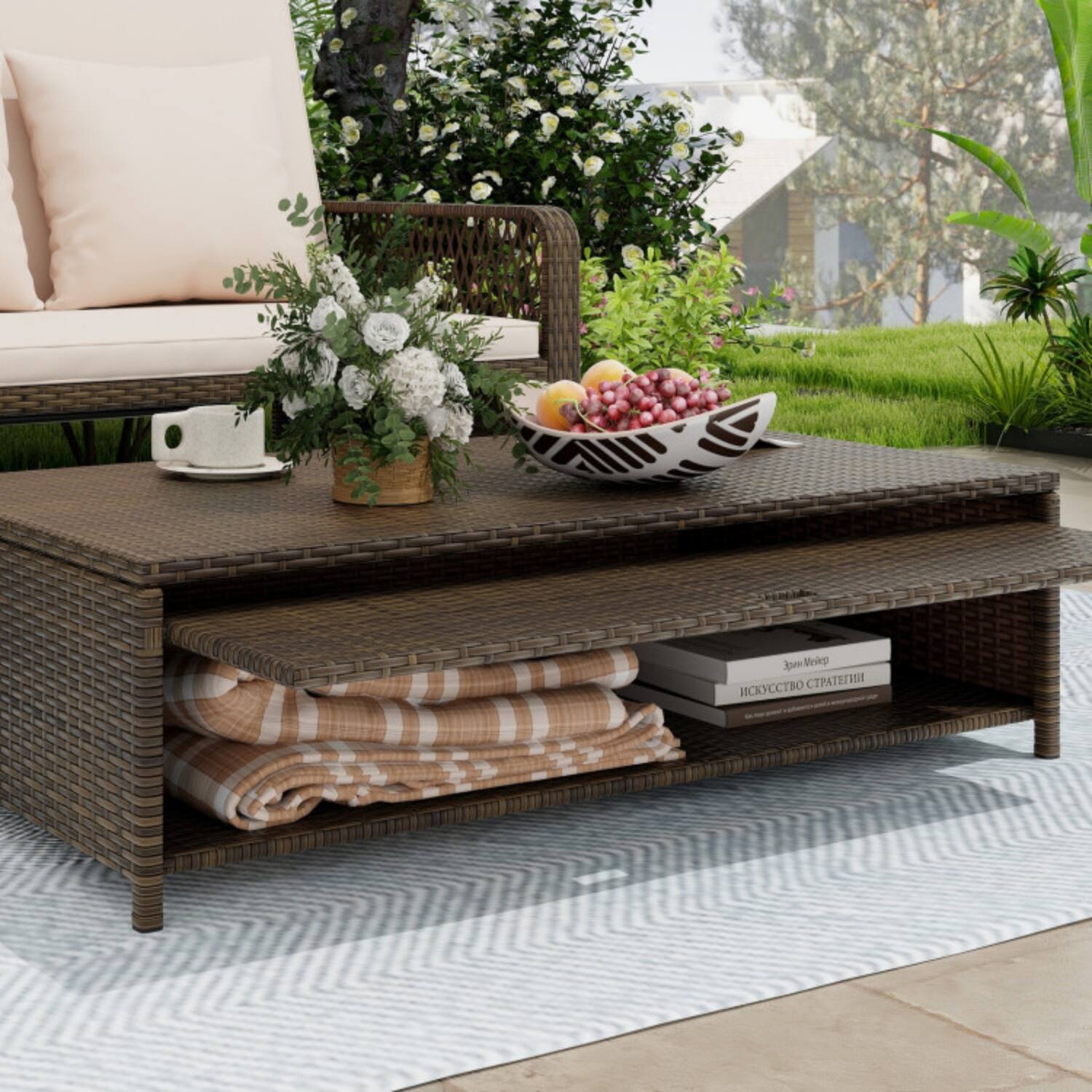 Alt View 4. Mondawe - Patio Adjustable Wicker Daybed w 4-Level Backrest & Ottoman 800 lbs 2-Piece Set - Beige.