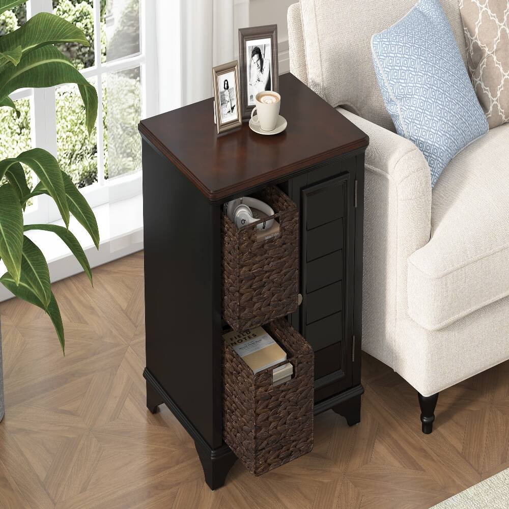 Left. Loheer - Loheer End Table with Woven Baskets Shutter Style Side Table Solid Wood Base - White.
