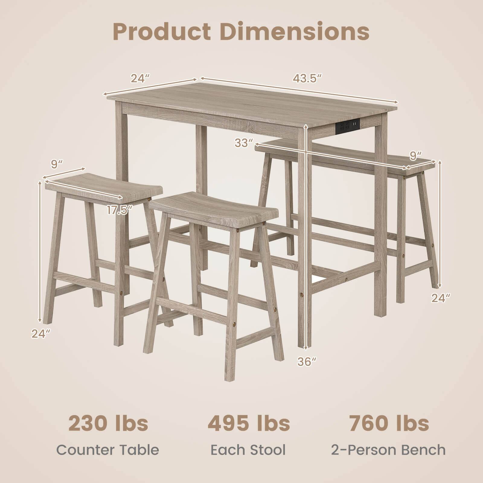 Product Dimensions:  
- Table: 24" x 43.5" x 33"  
- Stool: 9" x 17.5" x 24"  
- Bench: 24" x 36"  

Weights:  
- Counter Table: 230 lbs  
- Each Stool: 495 lbs  
- 2-Person Bench: 760 lbs