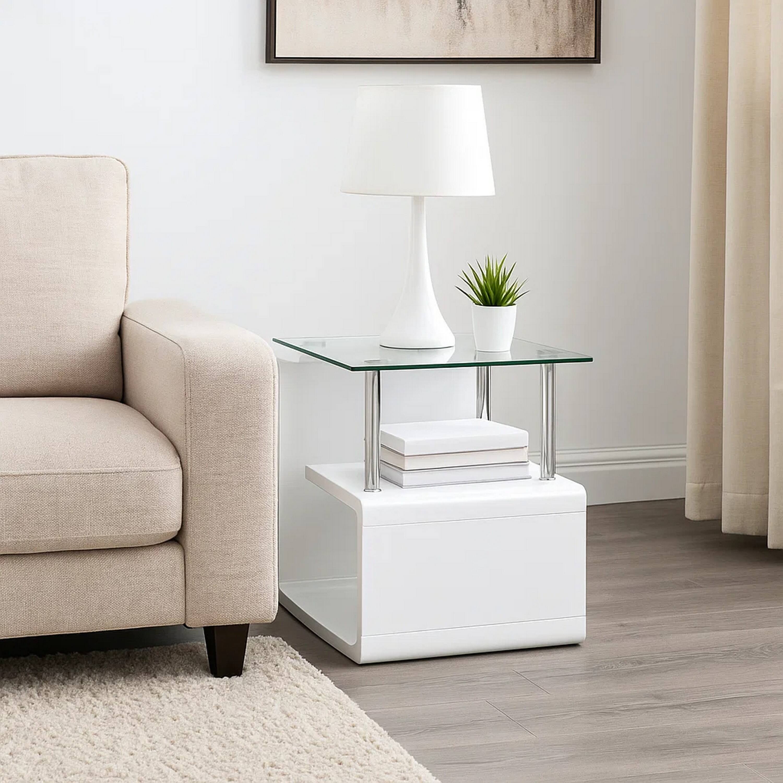 Alt View 5. Manhattan Lane - 24 Inch Square Accent End Table, Glass Top, Open Shelf - White, Chrome.