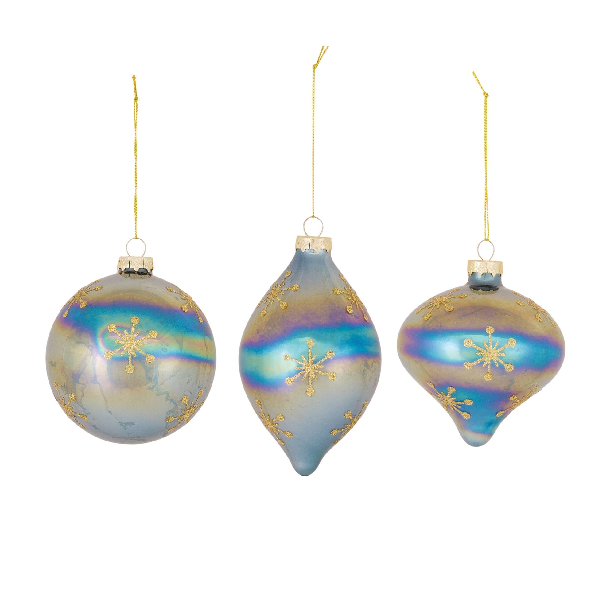 Angle. BreeBe - Irredescent Glass Snowflake Ornament (Set of 6) - Blue, Gold.