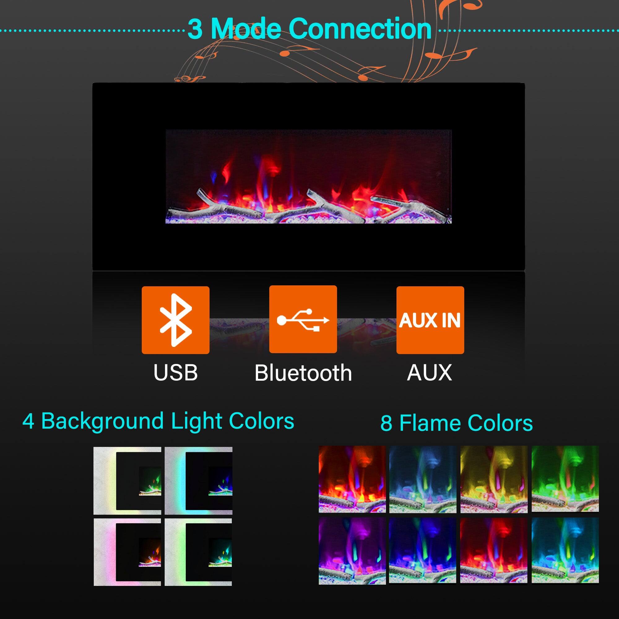 3 Mode Connection USB Bluetooth AUX IN 4 Background Light Colors 8 Flame Colors