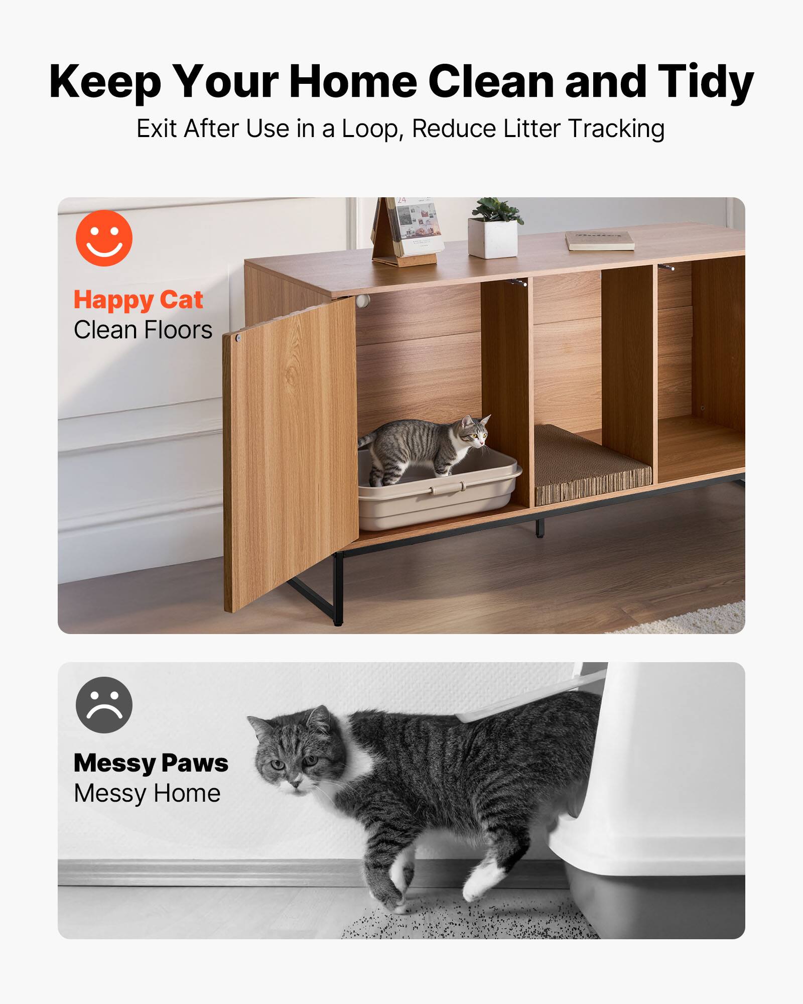 Keep Your Home Clean and Tidy  
Exit After Use in a Loop, Reduce Litter Tracking  

Happy Cat  
Clean Floors  

Messy Paws  
Messy Home