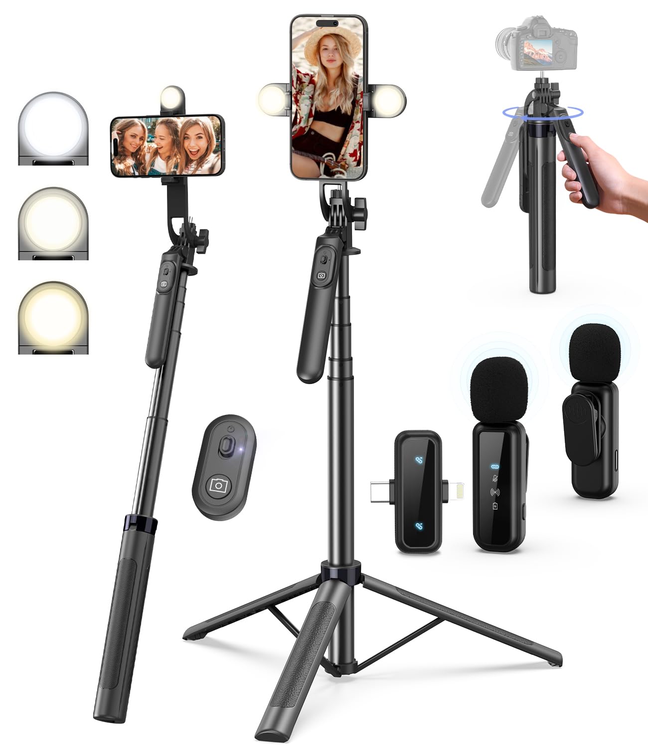 Front. METALTON - Vlogging Kit For Iphone android Selfie Stick Tripod With Light Remote Microphone Adjustable Phone - Default.