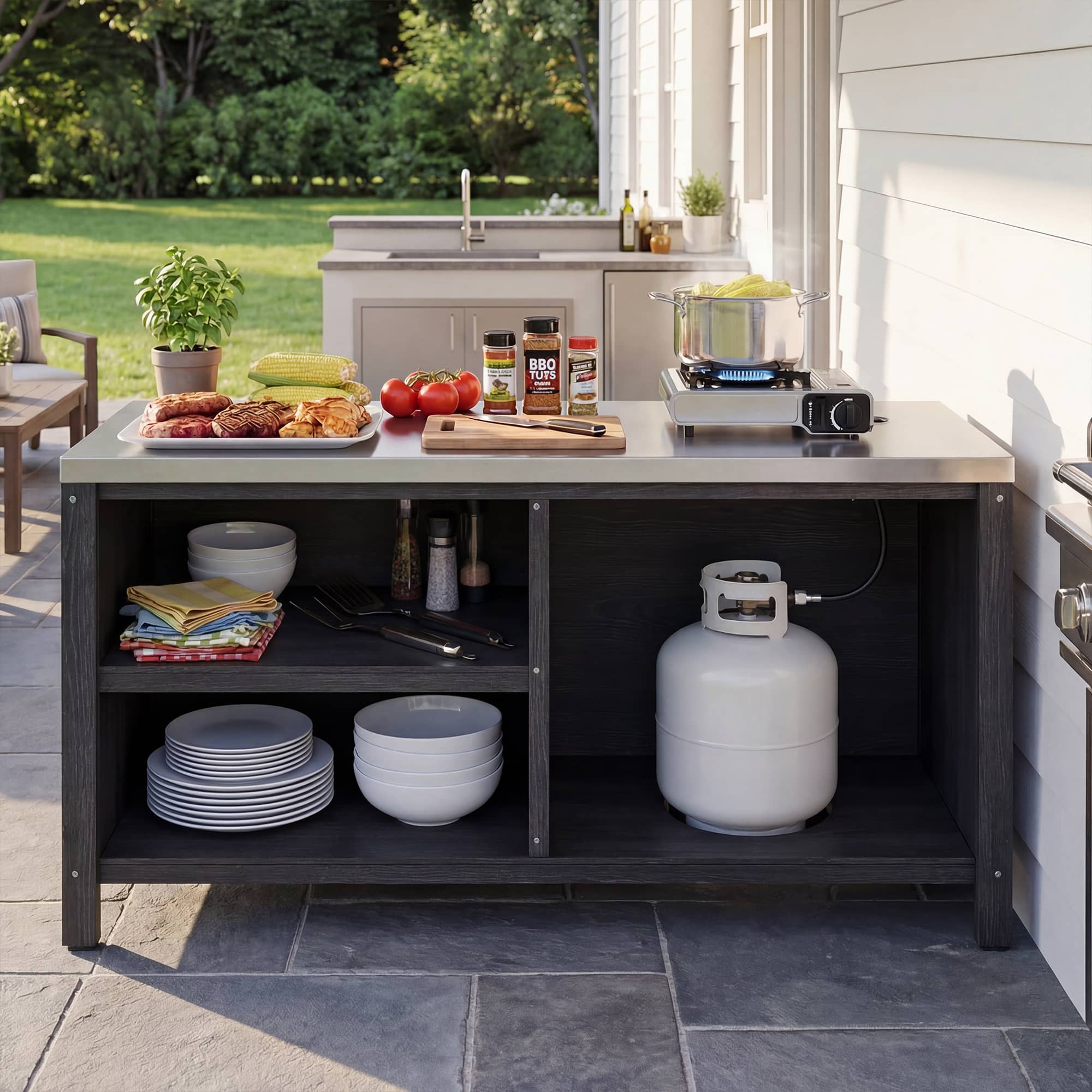 Famapy - Modular Solid Cedar Outdoor Kitchen Cabinets - All-Weather Storage with Stainless Steel Top for Patio, Grill Station - Carbon Black