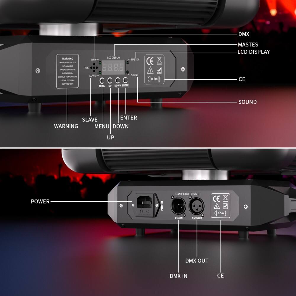 Sure, here is the corrected and grouped text from the image:

---

**Top Section:**

- **DMX WARNING**
- **A SRATE**
- **B Taro**
- **DTM**
- **LCO DISPLAY**
- **DIME MASTER**
- **MIC SLAVE**
- **SOUND**
- **CCCC C**
- **MENU UP**
- **DOWN ENTER**
- **CE**
- **Jo.sm**
- **D 0.5m**
- **I 0**
- **MASTES**
- **LCD DISPLAY**
- **CE**
- **SOUND**
- **SLAVE**
- **ENTER**
- **WARNING**
- **MENU DOWN**
- **UP**
- **POWER**
- **IHURO 2-56**
- **DMX OUT**
- **DMX IN**
- **CE**

**Bottom Section:**

- **DMX**
- **MASTES**
- **LCD DISPLAY**
- **CE**
- **SOUND**
- **POWER**
- **DMX IN**
- **DMX OUT**
- **CE**

---

This should reflect the labels and text as they appear in the image.