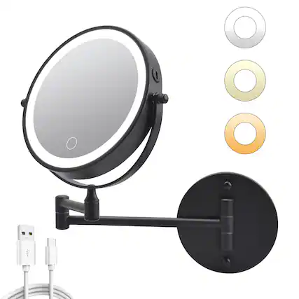 Front. Bestier - 8in Wall Mounted Makeup Mirror 10X/1X Magnifying Mirror w/ Lights Double-Sided and 360° Rotation Extension - Black.