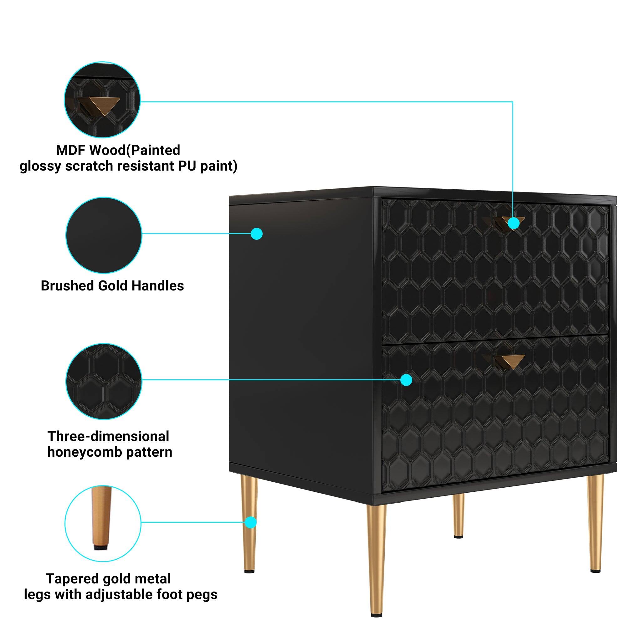 MDF Wood (Painted glossy scratch resistant PU paint)  
Brushed Gold Handles  
Three-dimensional honeycomb pattern  
Tapered gold metal legs with adjustable foot pegs