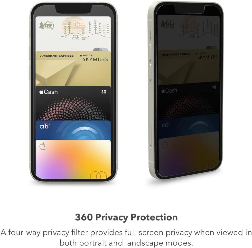 REI Co-op  
American Express  
Delta SkyMiles  
Cash $0  
Citi  
360 Privacy Protection  

A four-way privacy filter provides full-screen privacy when viewed in both portrait and landscape modes.