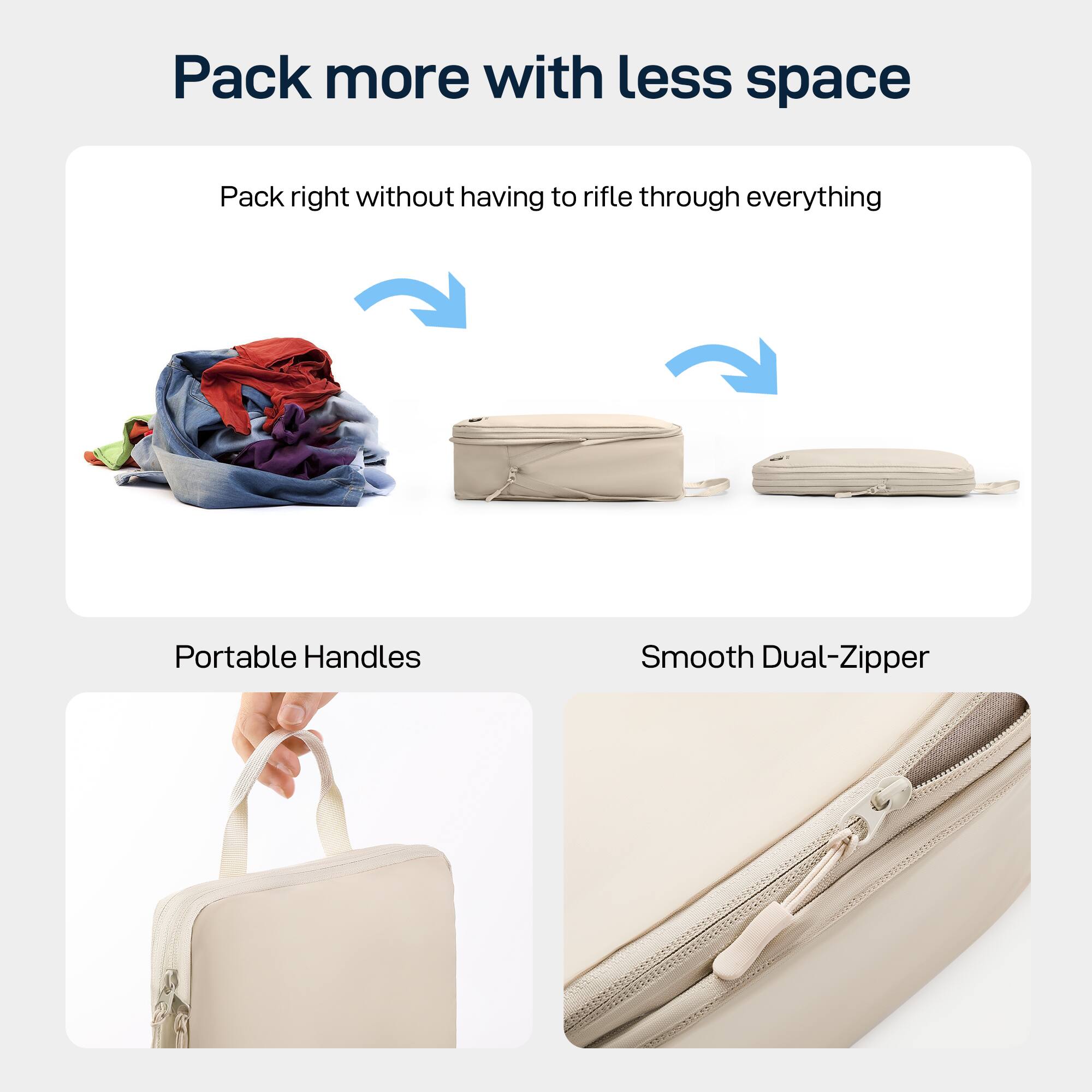 Pack more with less space
Pack right without having to rifle through everything
Portable Handles
Smooth Dual-Zipper