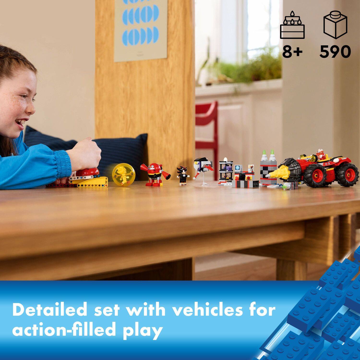 The text on the image reads: "8+ 590 Detailed set with vehicles for action-filled play."