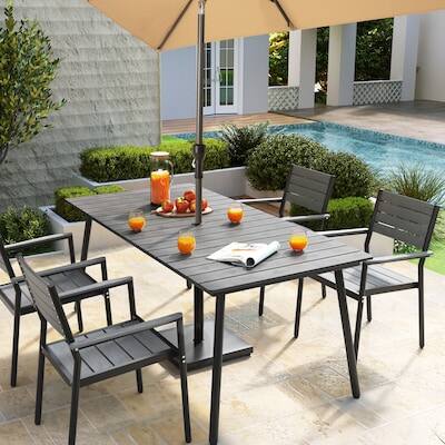 Alt View 4. Crestlive Products - Crestlive Products 72in Plastic Wood Top Aluminum Frame Rectangle Outdoor Dining Table with Umbrella Hole - Gray.