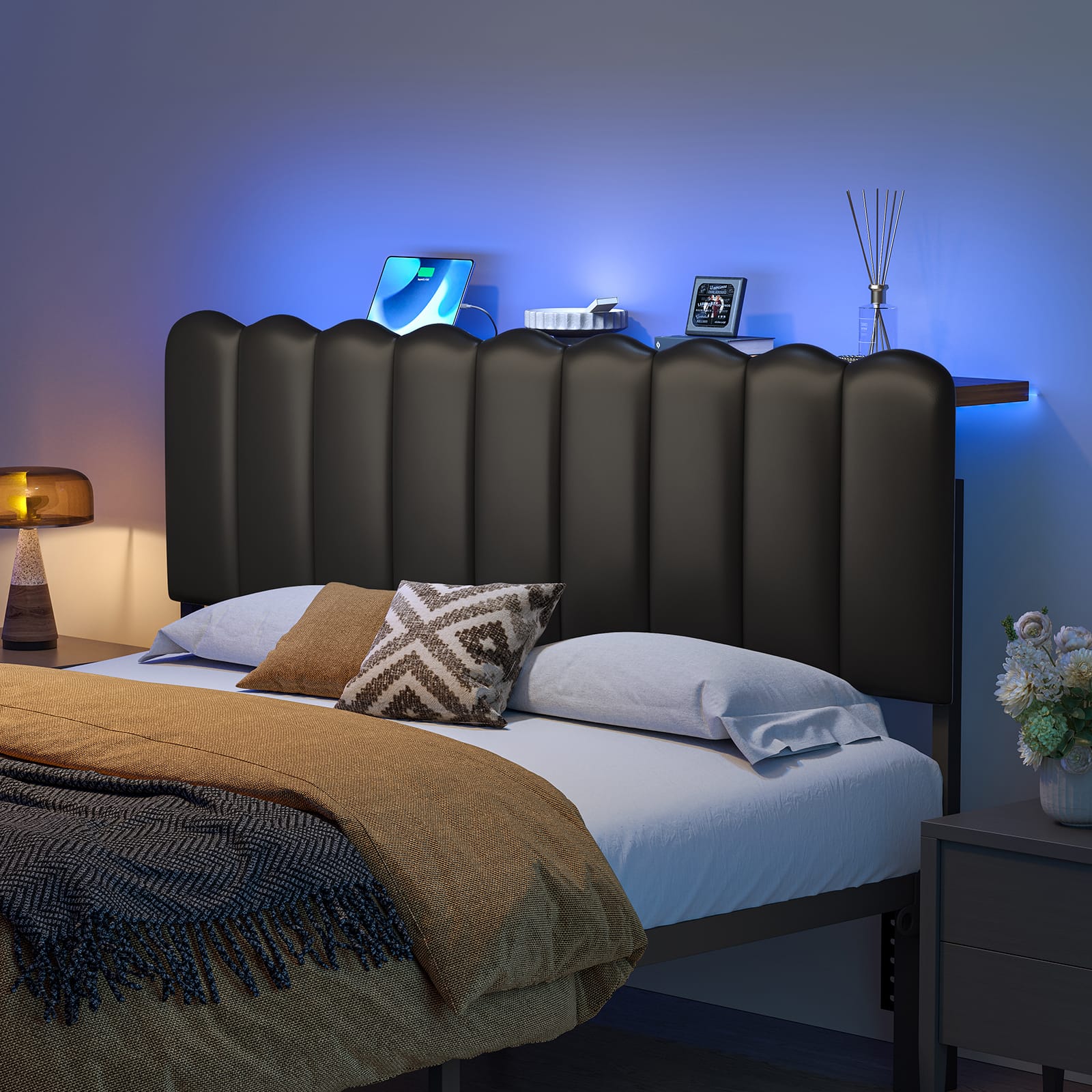 Pinmoco - Metal Upholstered Headboard Height Adjustable Headboard with LED Light, Charging Station - PU Black