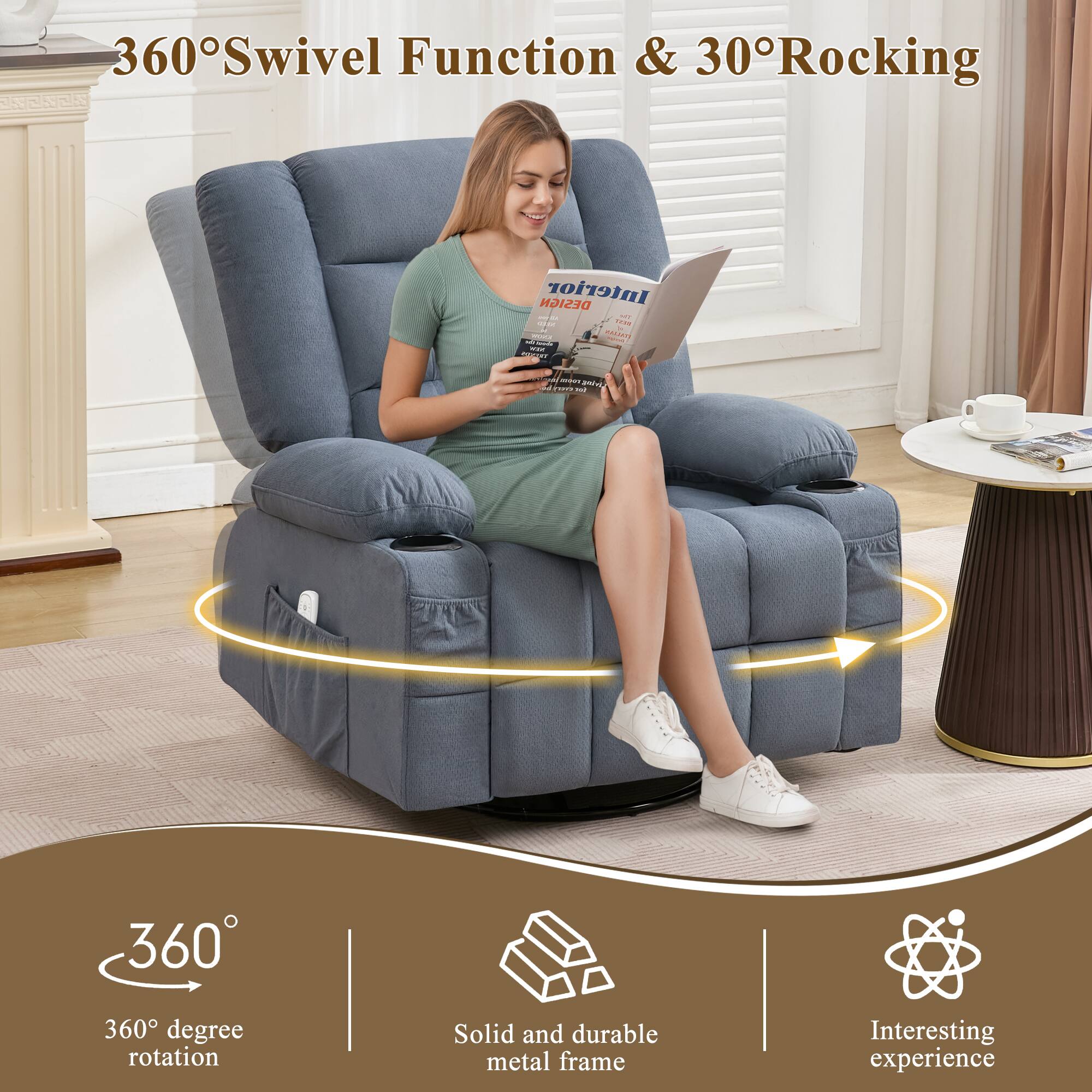 360° Swivel Function & 30° Rocking

360° degree rotation

Solid and durable metal frame

Interesting experience