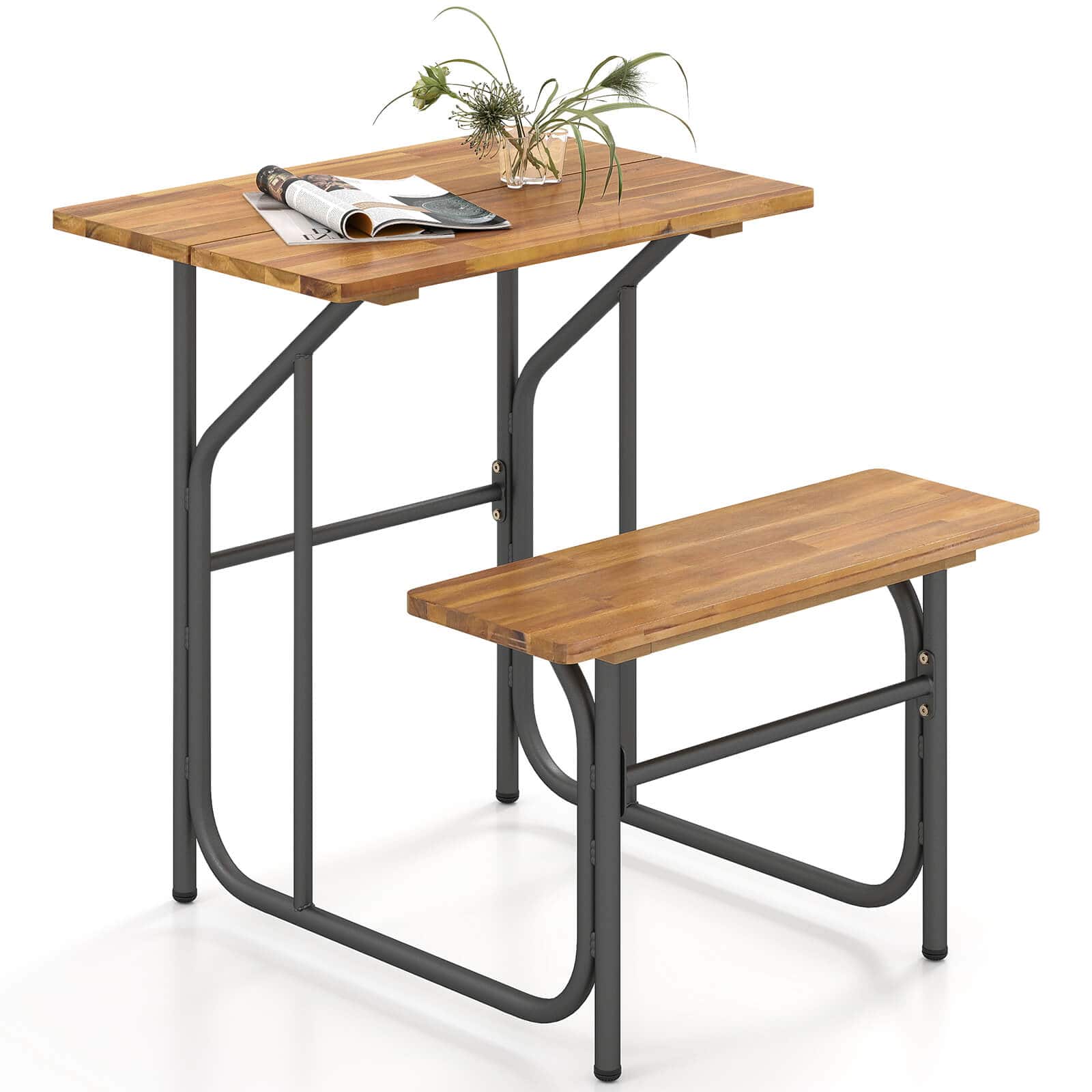 Costway - 1 PCS Patio Table Bench Set One-Side Picnic Table & Seat with Acacia Wood Top Metal Legs - Natural,Black price history on PriceWatchPro