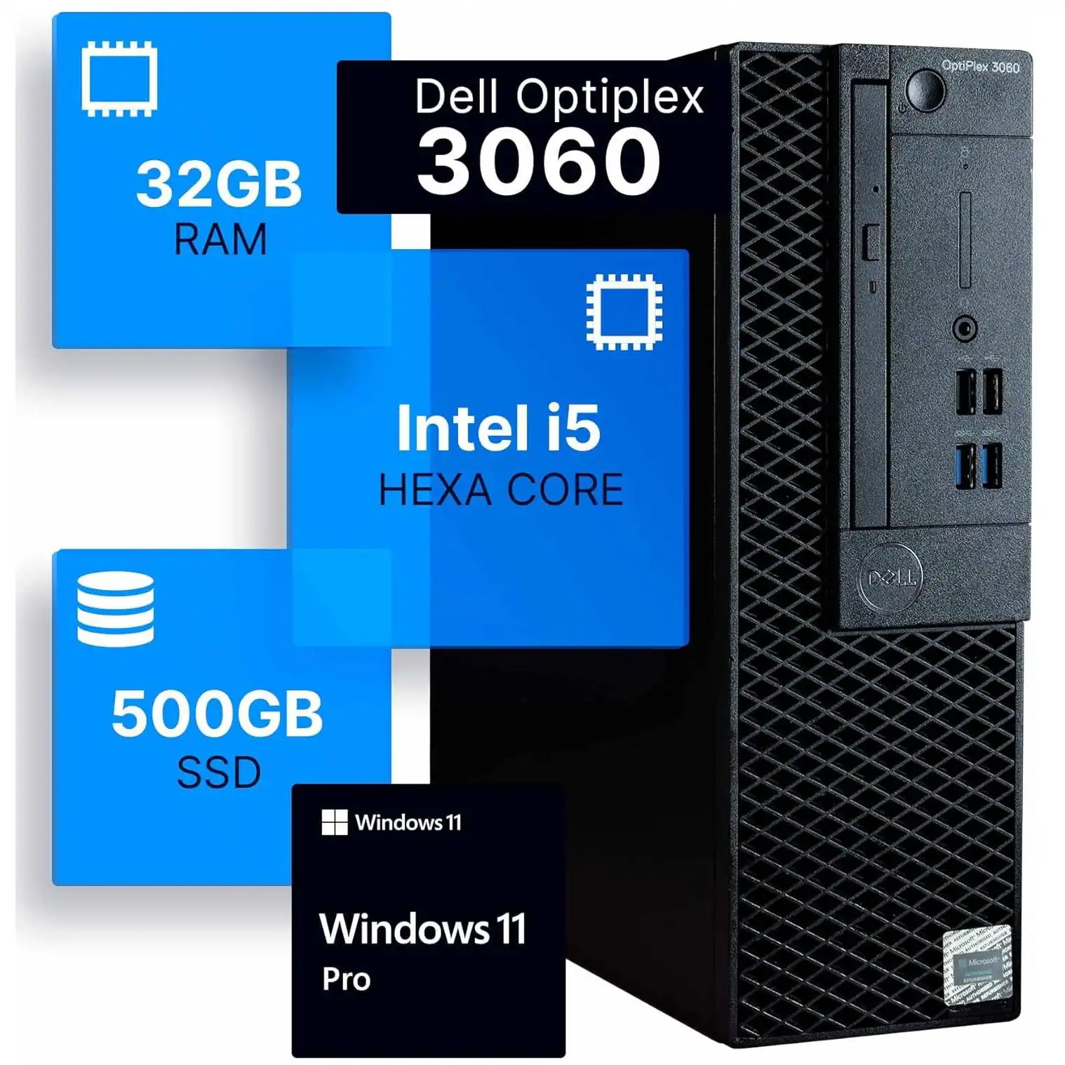 Dell - Refurbished Excellent - Optiplex 3060 SFF Desktop PC, Intel Core i5-8500 up to 4.1Ghz, 32GB DDR4 RAM, 500GB SSD, USB WiFi, Win11 Pro - Black