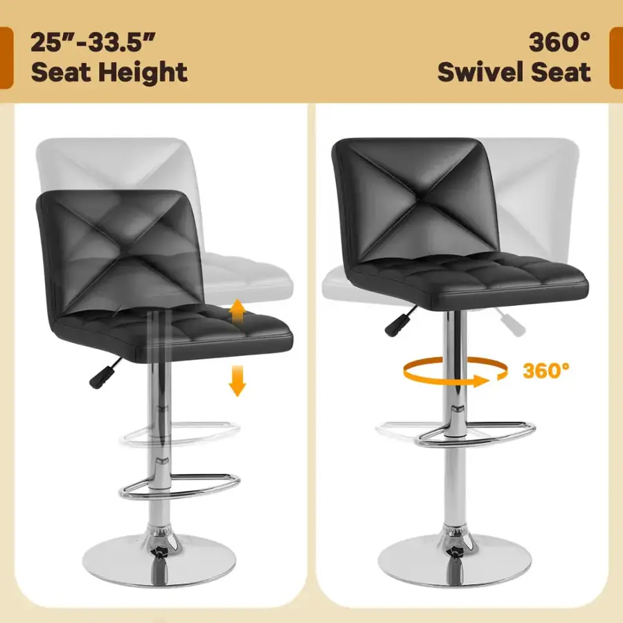 The image shows two different types of chairs, one with a seat height of 25-33.5 inches and another with a 360-degree swivel seat.